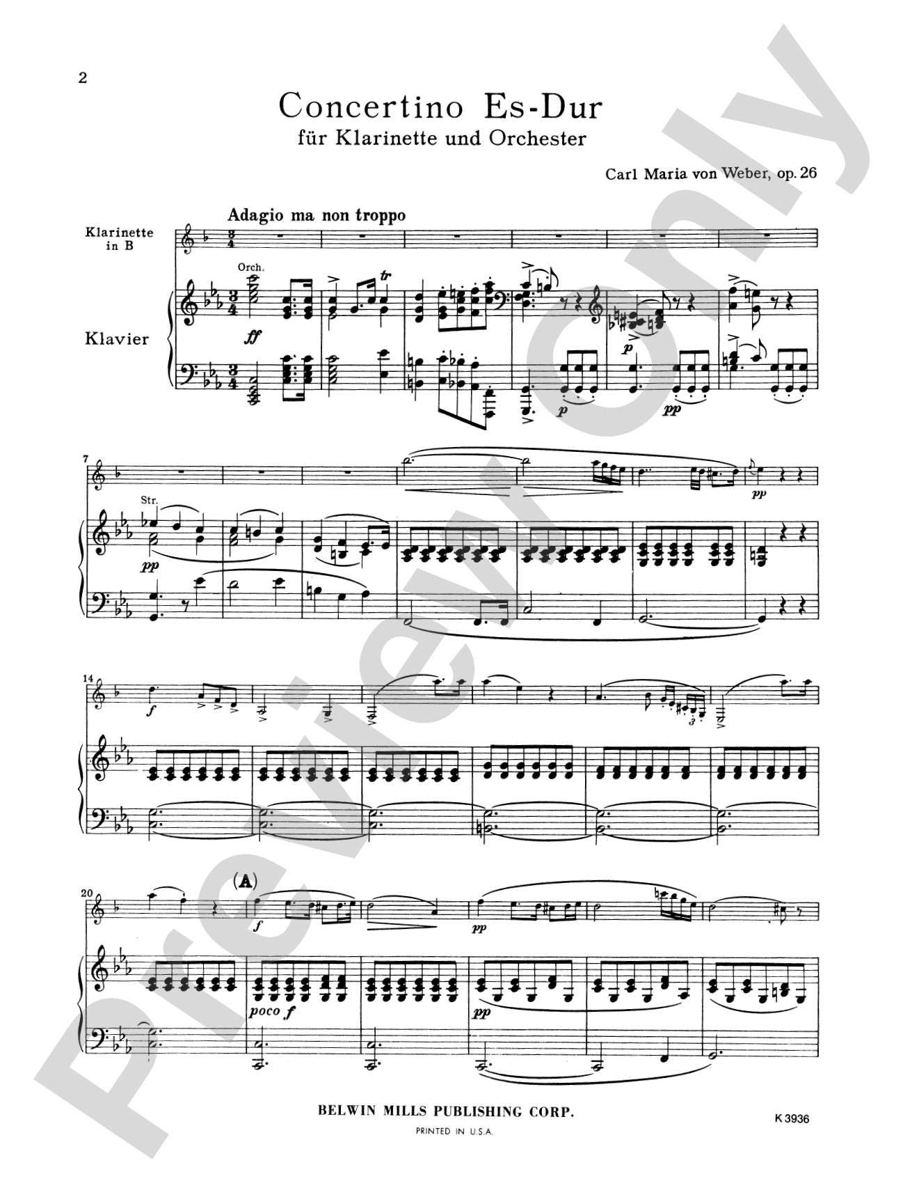 Weber: Concertino in E flat Major, Op. 26: Clarinet Part(s)
