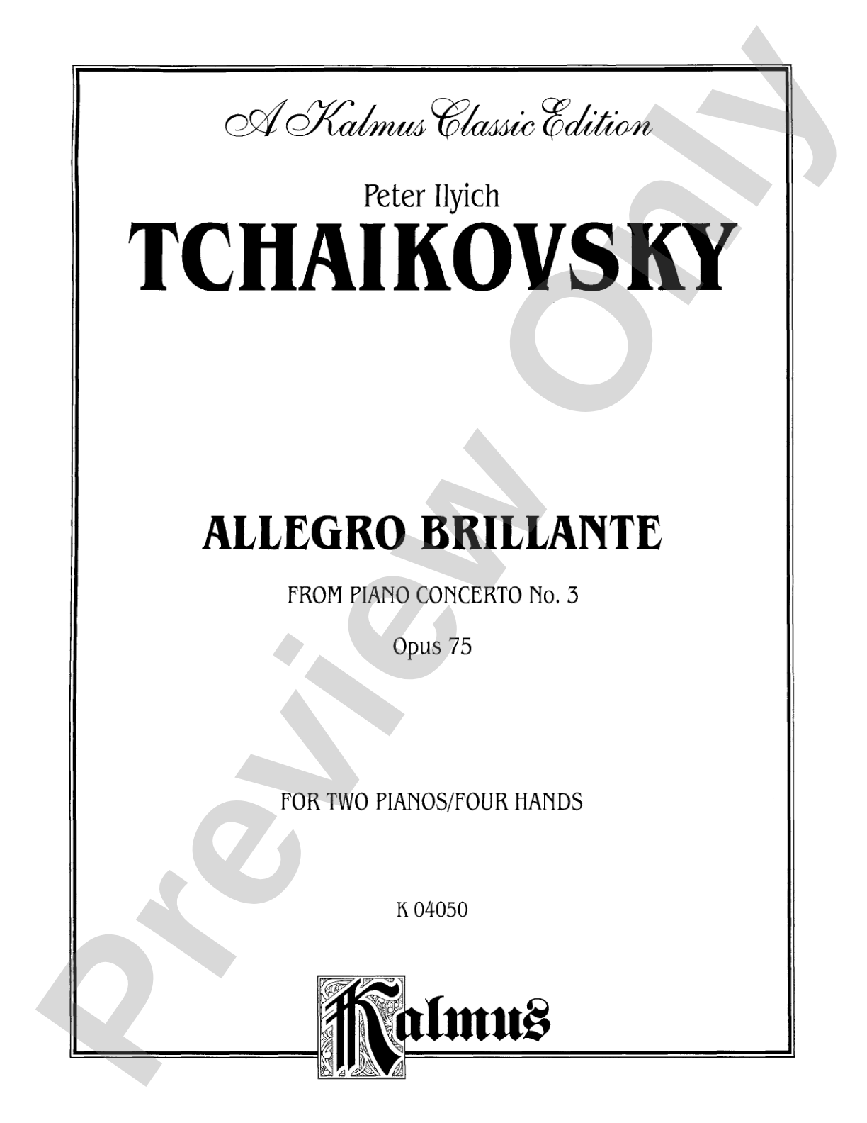 Tchaikovsky: Allegro Brillante (1st movement of Piano Concerto No. 3, Op. 75): Piano Duo (2 Pianos, 4 Hands) Book (2 copies required)