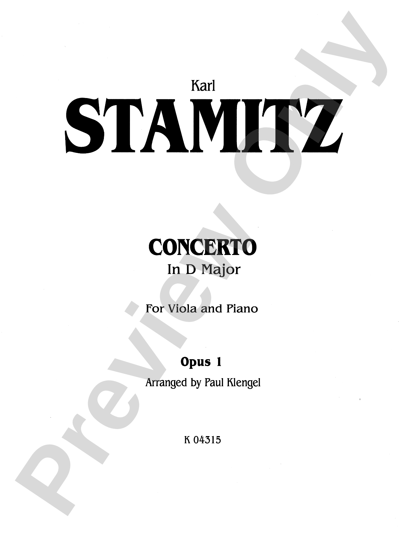 Stamitz: Concerto in D Major, Op. 1: Viola Book