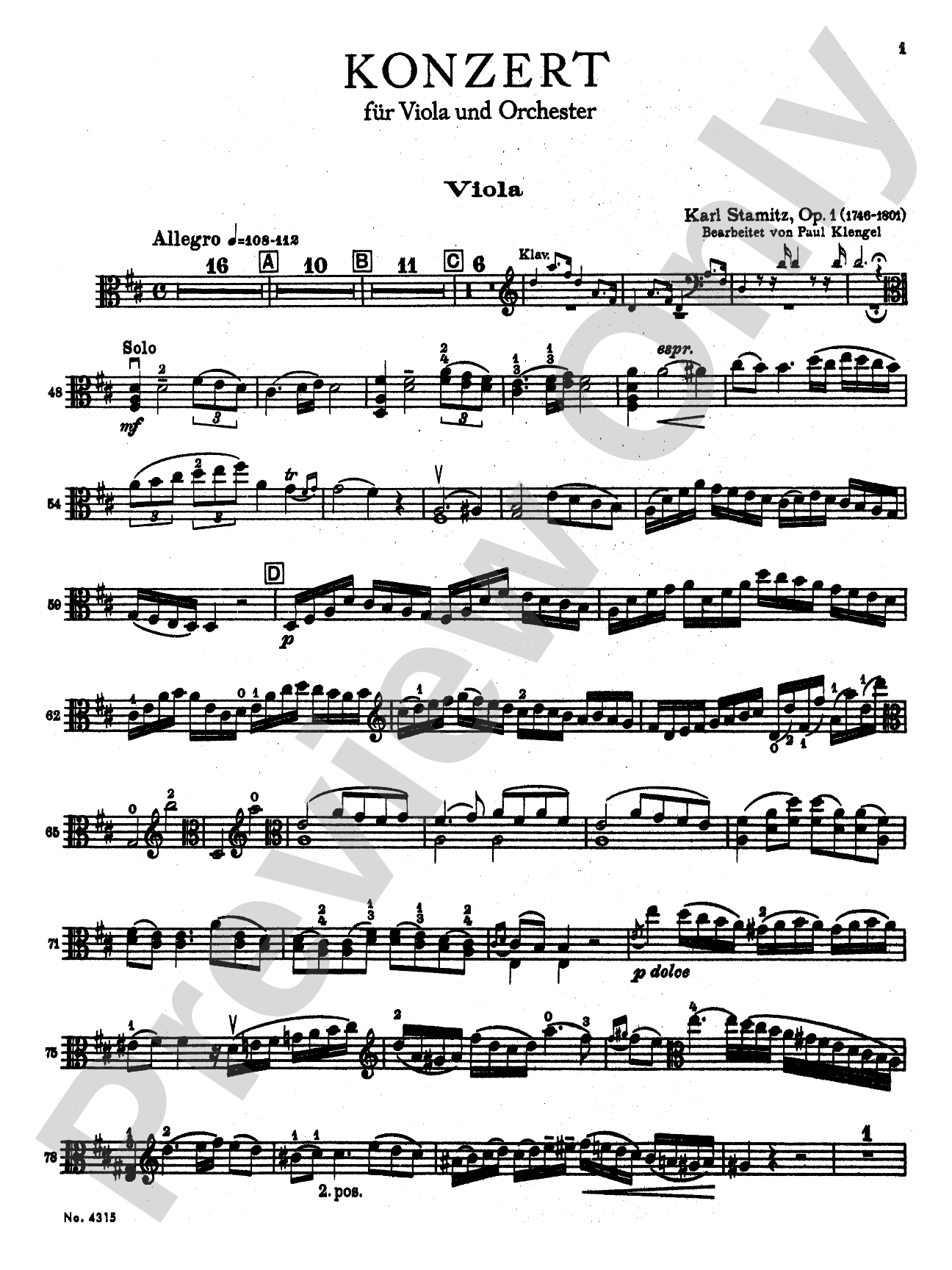 Stamitz: Concerto in D Major, Op. 1: Viola Book
