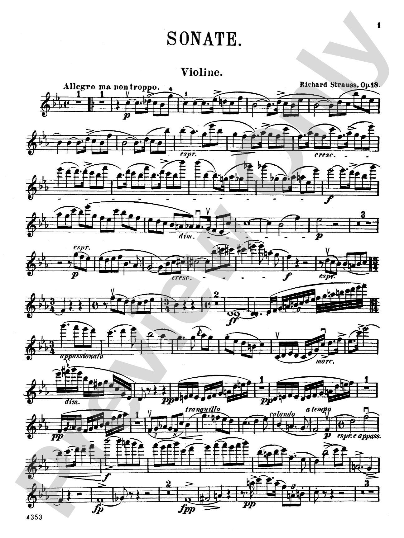 Strauss: Sonata in E flat Major, Op. 18: Violin Book