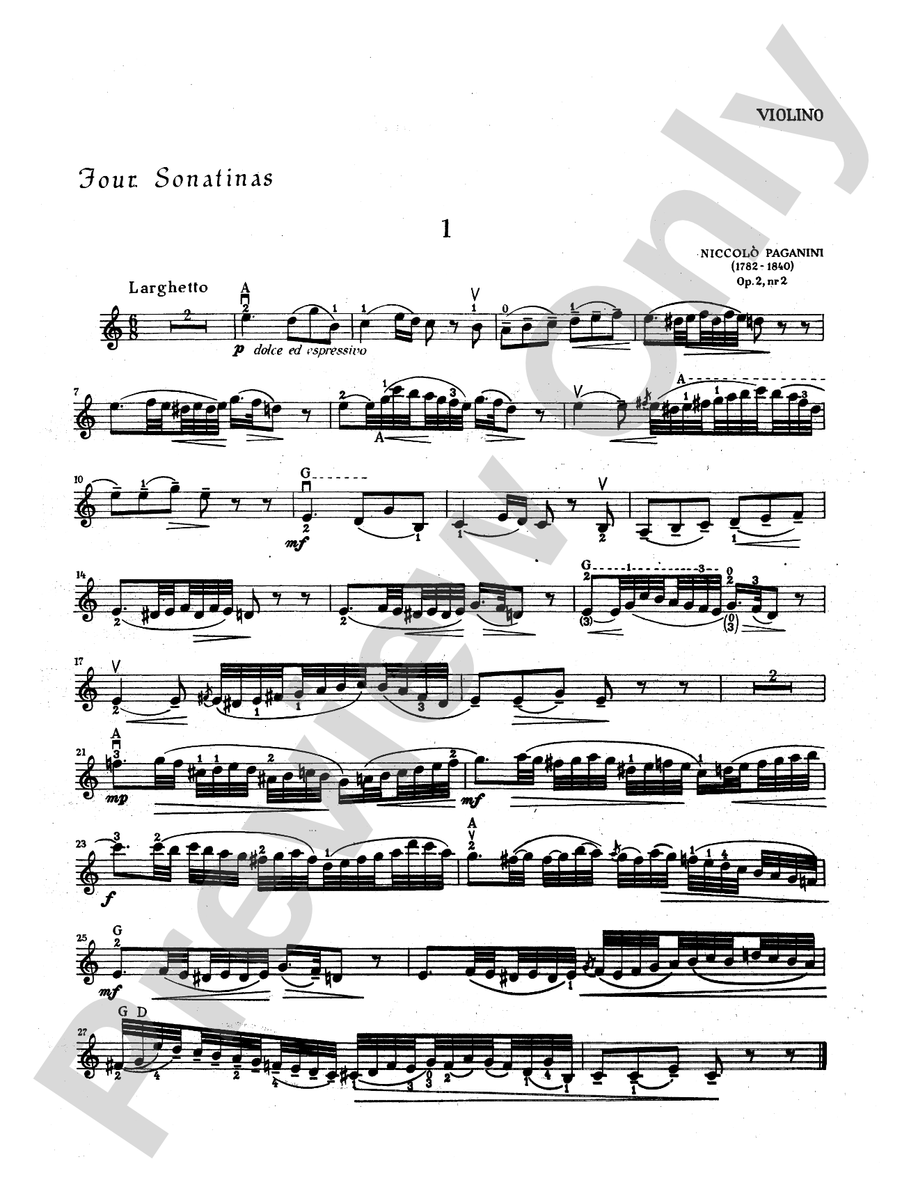 Paganini: Four Sonatinas, Op. 2, Nos. 2, 4, 6, 10: Violin Book