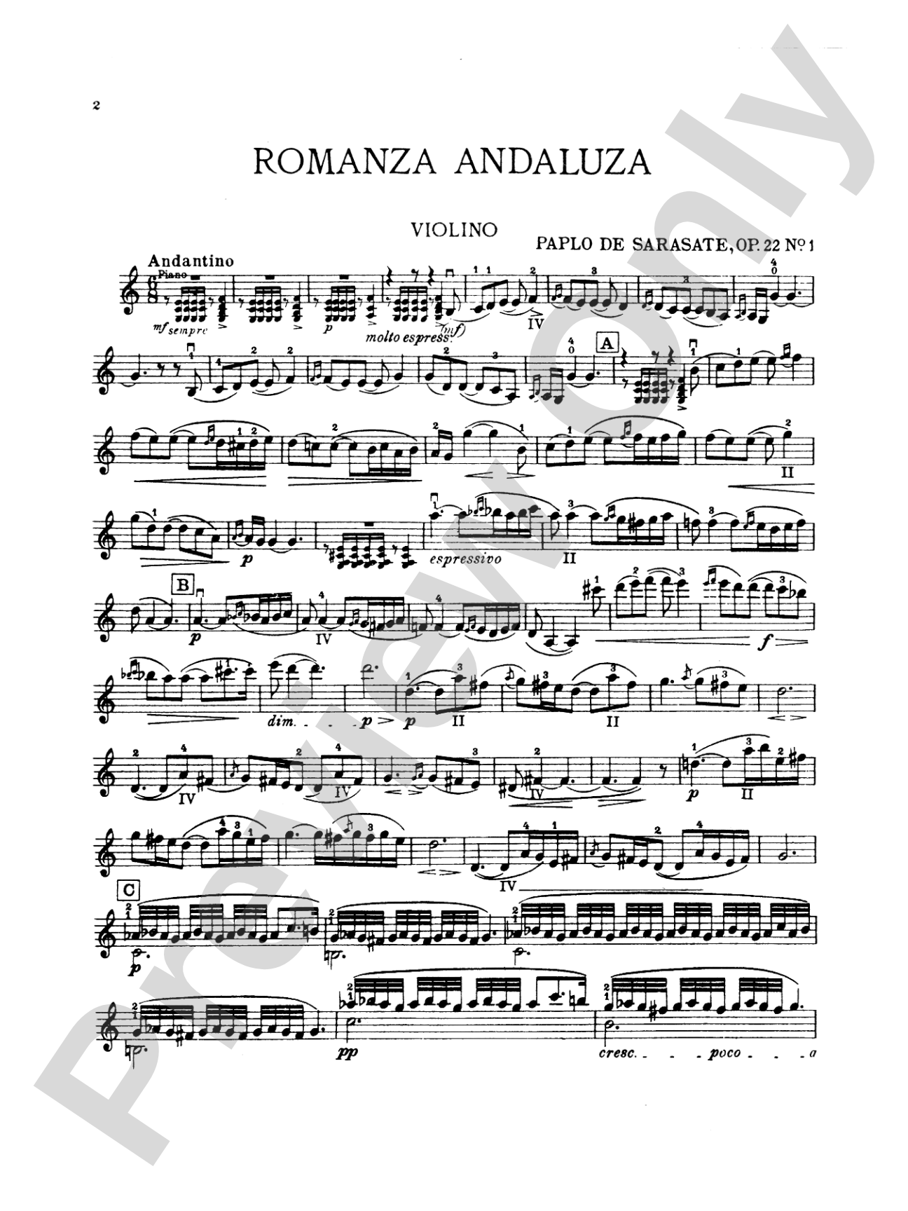 Sarasate: Spanish Dance, Op. 22, No. 1 (Romanza Andaluza): Violin Book