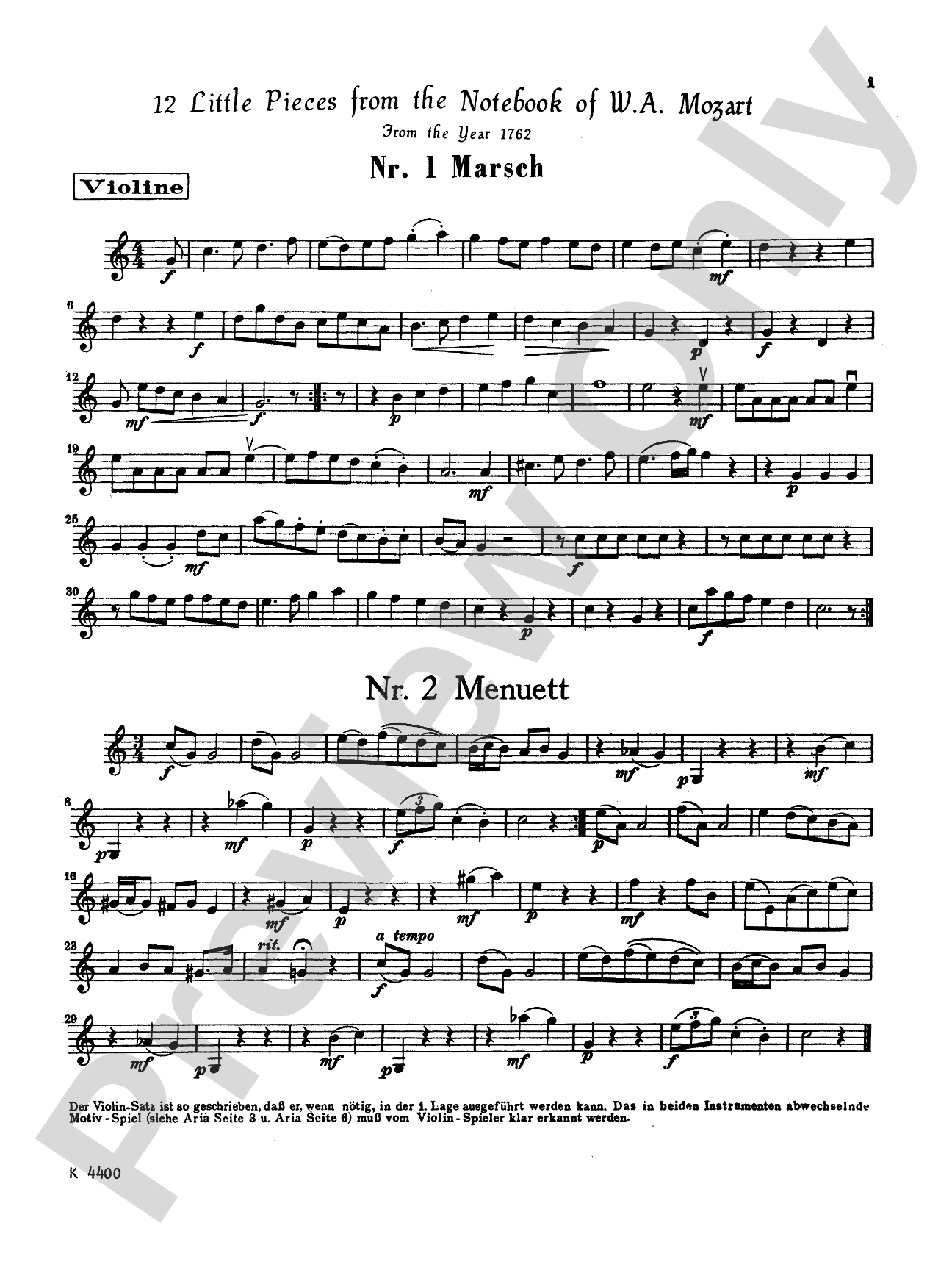 Mozart: Twelve Little Pieces from the Notebook of Wolfgang Mozart: Violin Book