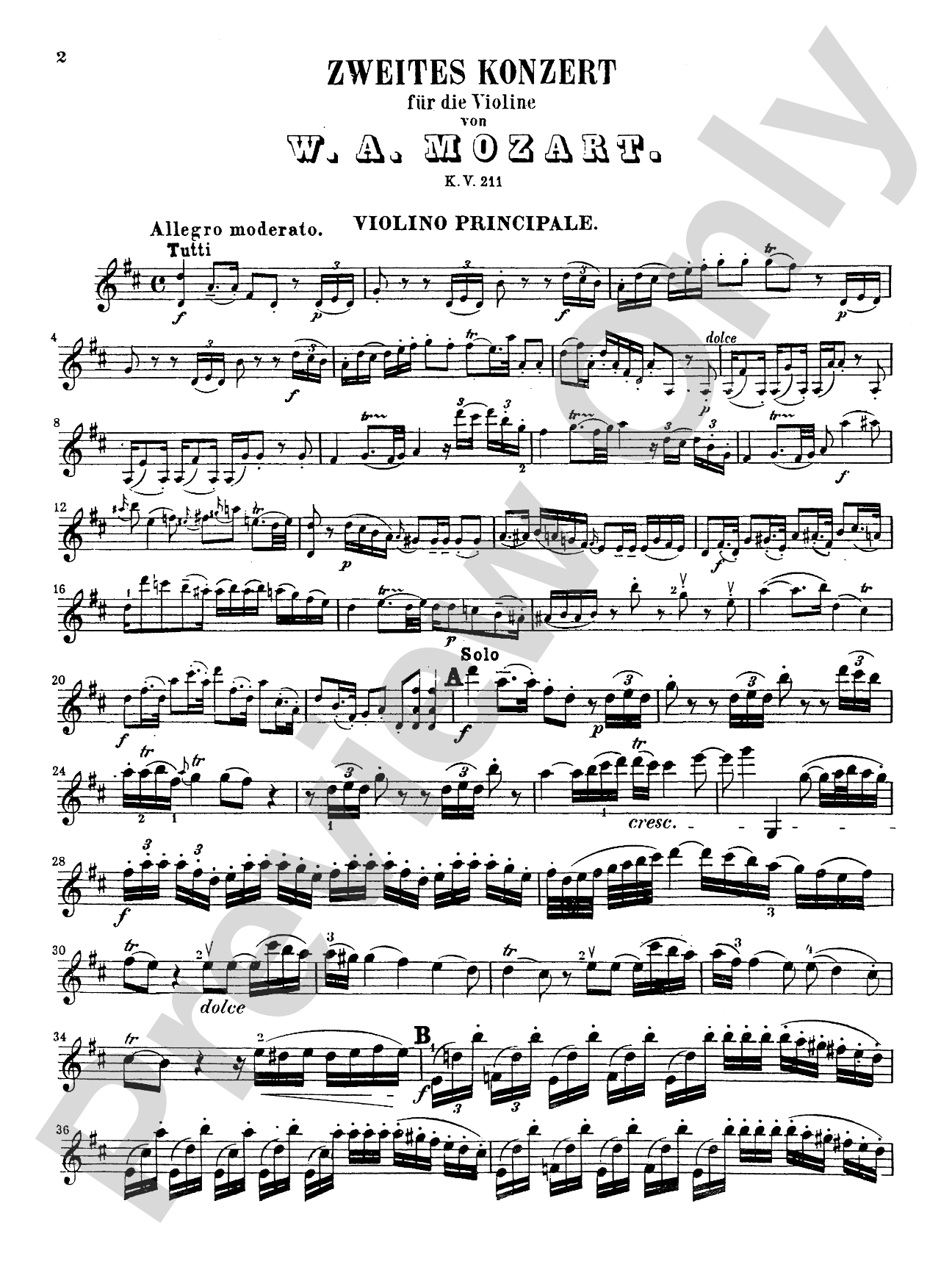 Mozart: Violin Concerto No. 2 in D Major, K. 211: Violin Book