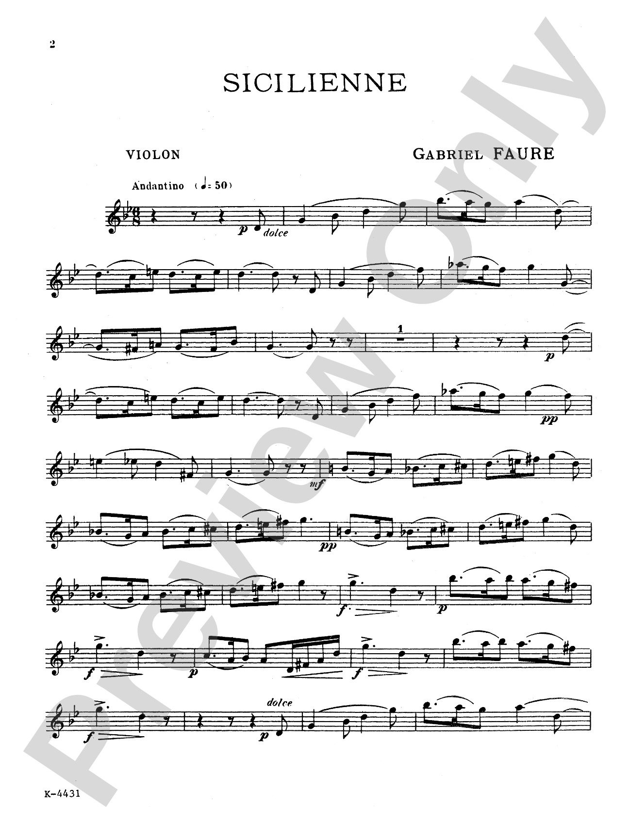 Fauré: Sicilienne, Op. 78: Cello or Violin & Piano Book