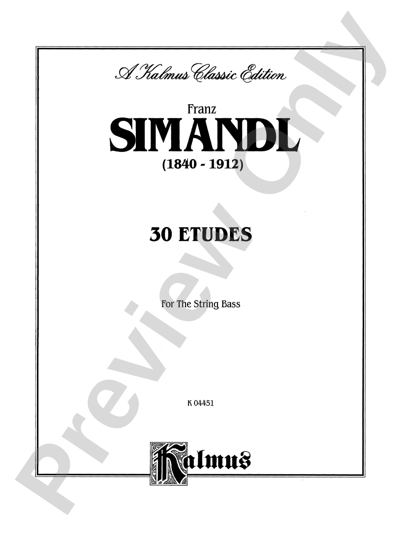Simandl: Thirty Etudes for Double Bass: String Bass Book
