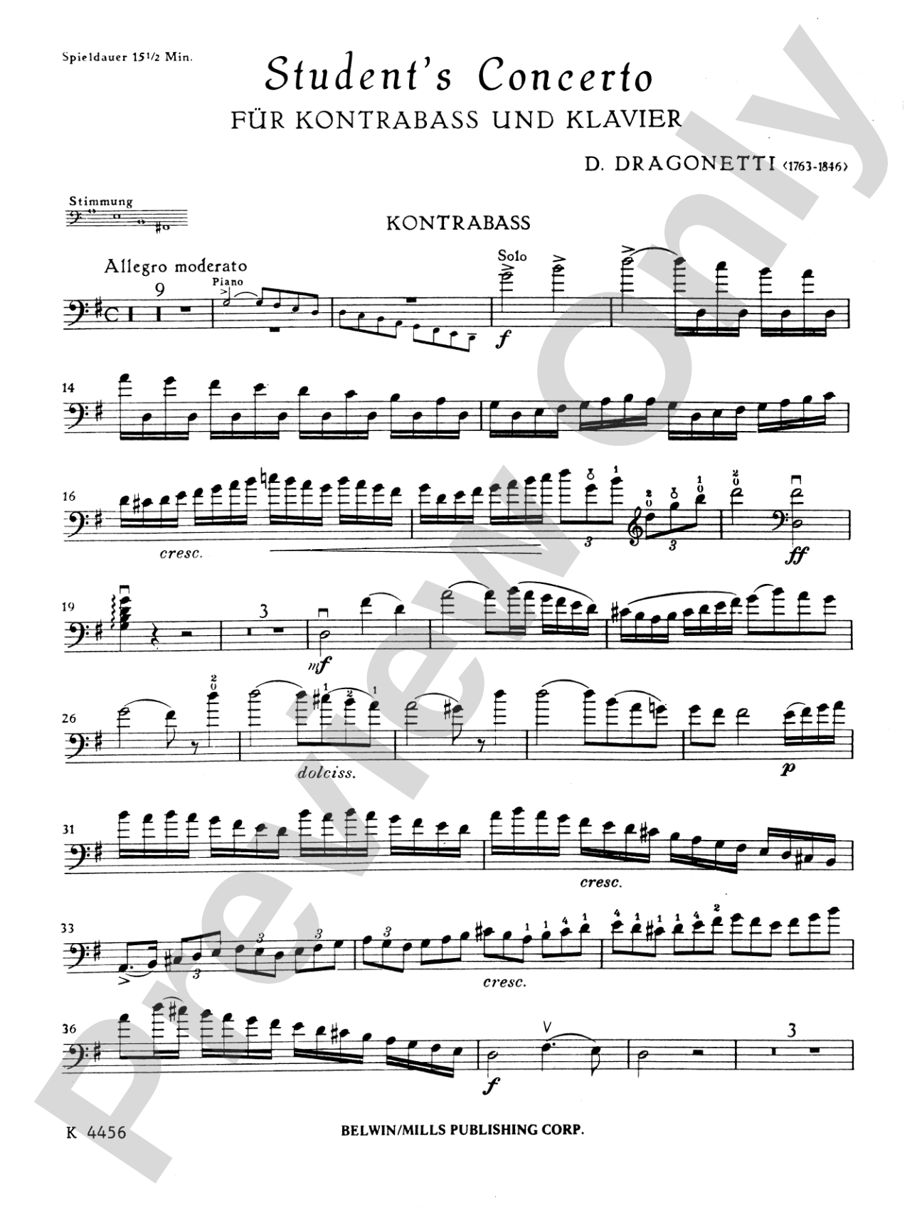 Dragonetti: Student's Concerto in A Major: String Bass Book