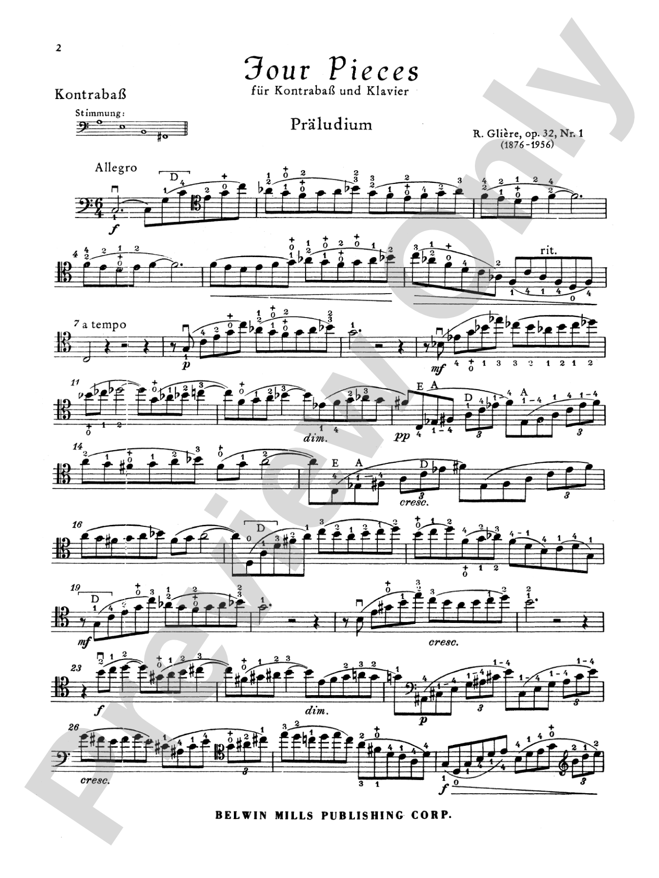 Glière: Four Pieces: String Bass & Piano Book