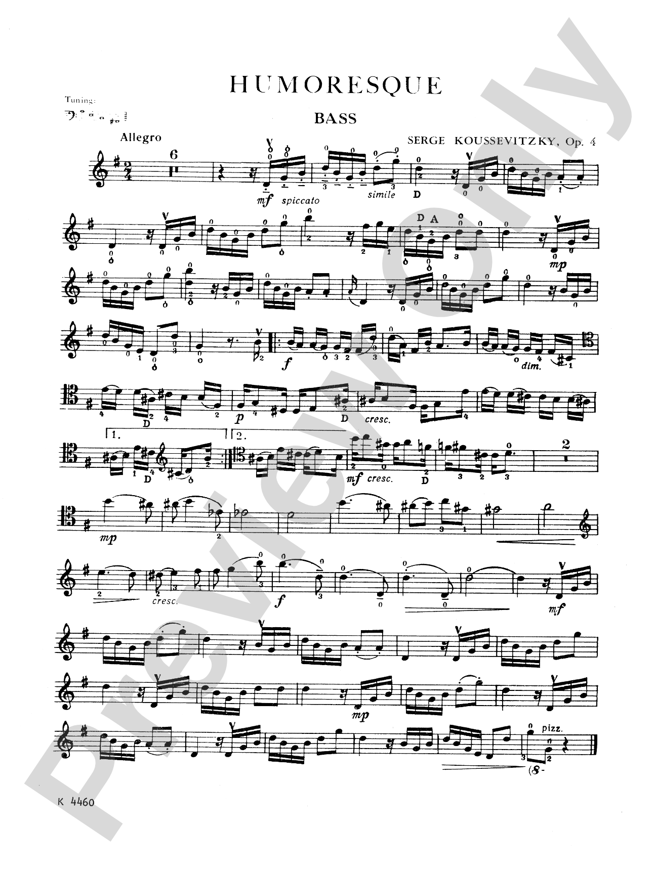 Koussevitzky: Humoresque, Op. 4: String Bass Book