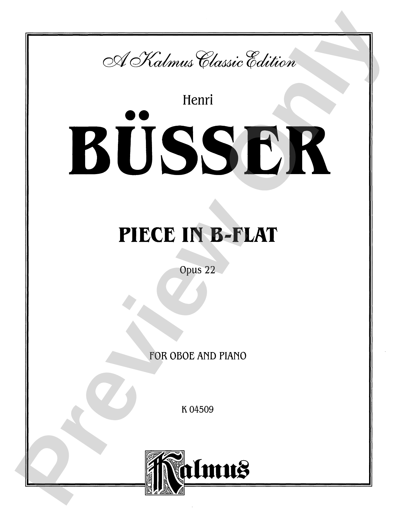 Büsser: Piece in B flat, Op. 22: Oboe Part(s)