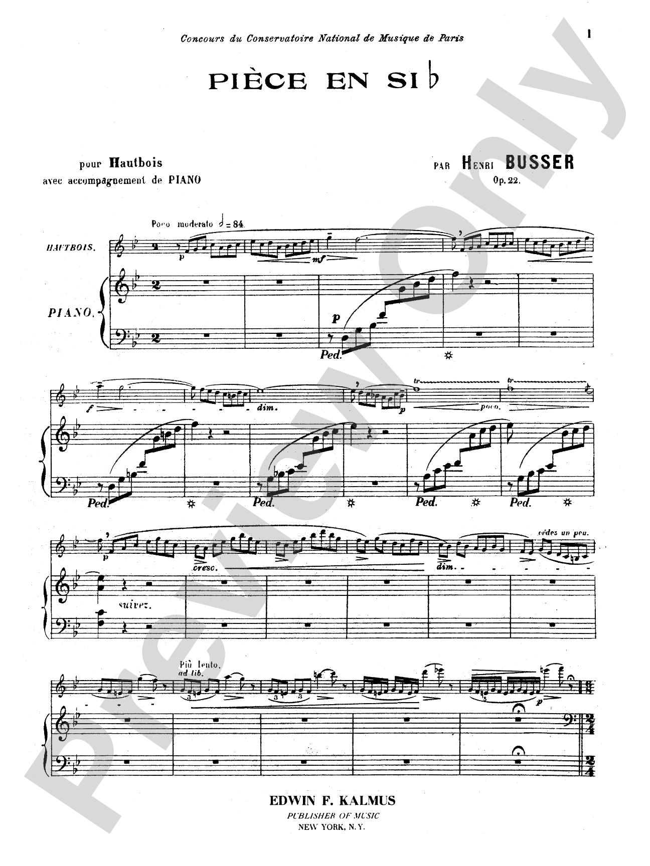 Büsser: Piece in B flat, Op. 22: Oboe Part(s)