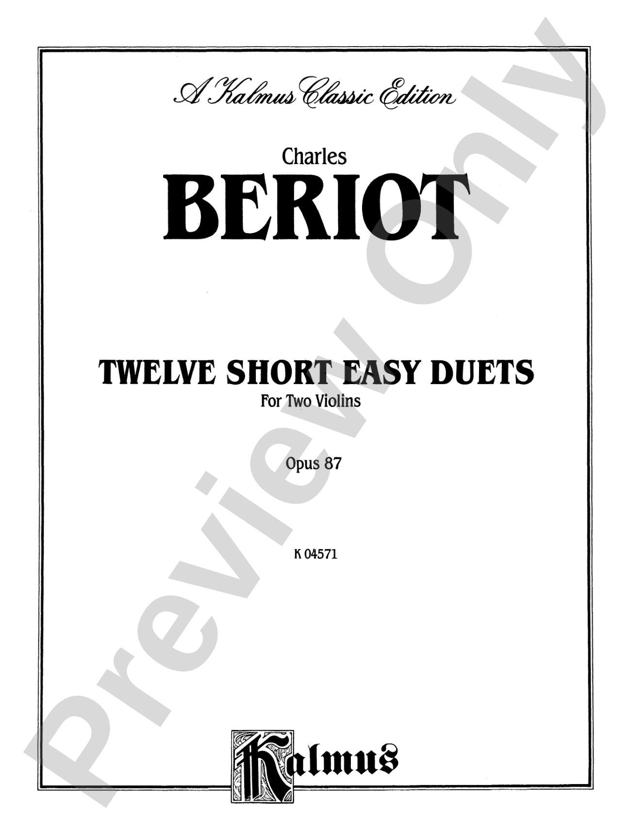 Beriot: Twelve Short Easy Duets, Op. 87: Violin Book