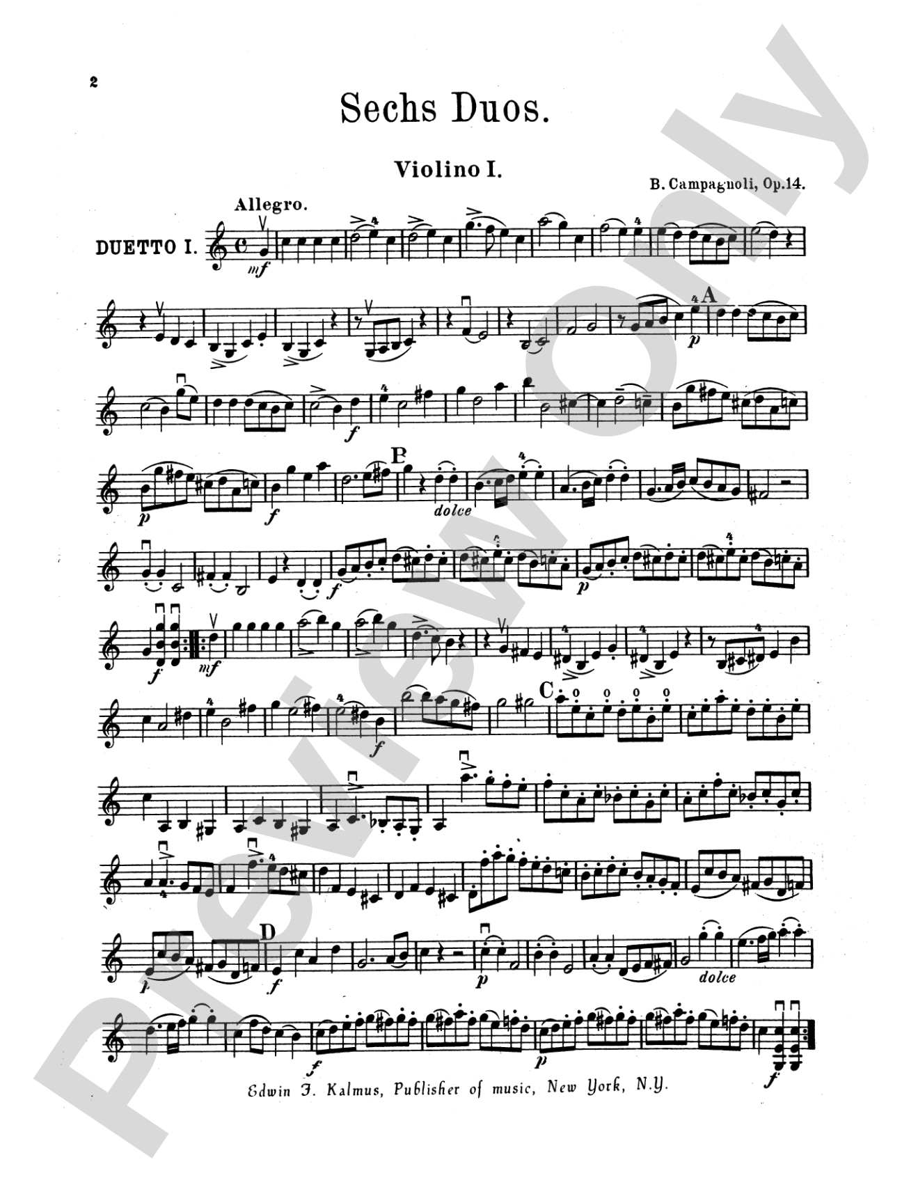 Campagnoli: Six Duets, Op. 14: Violin Book