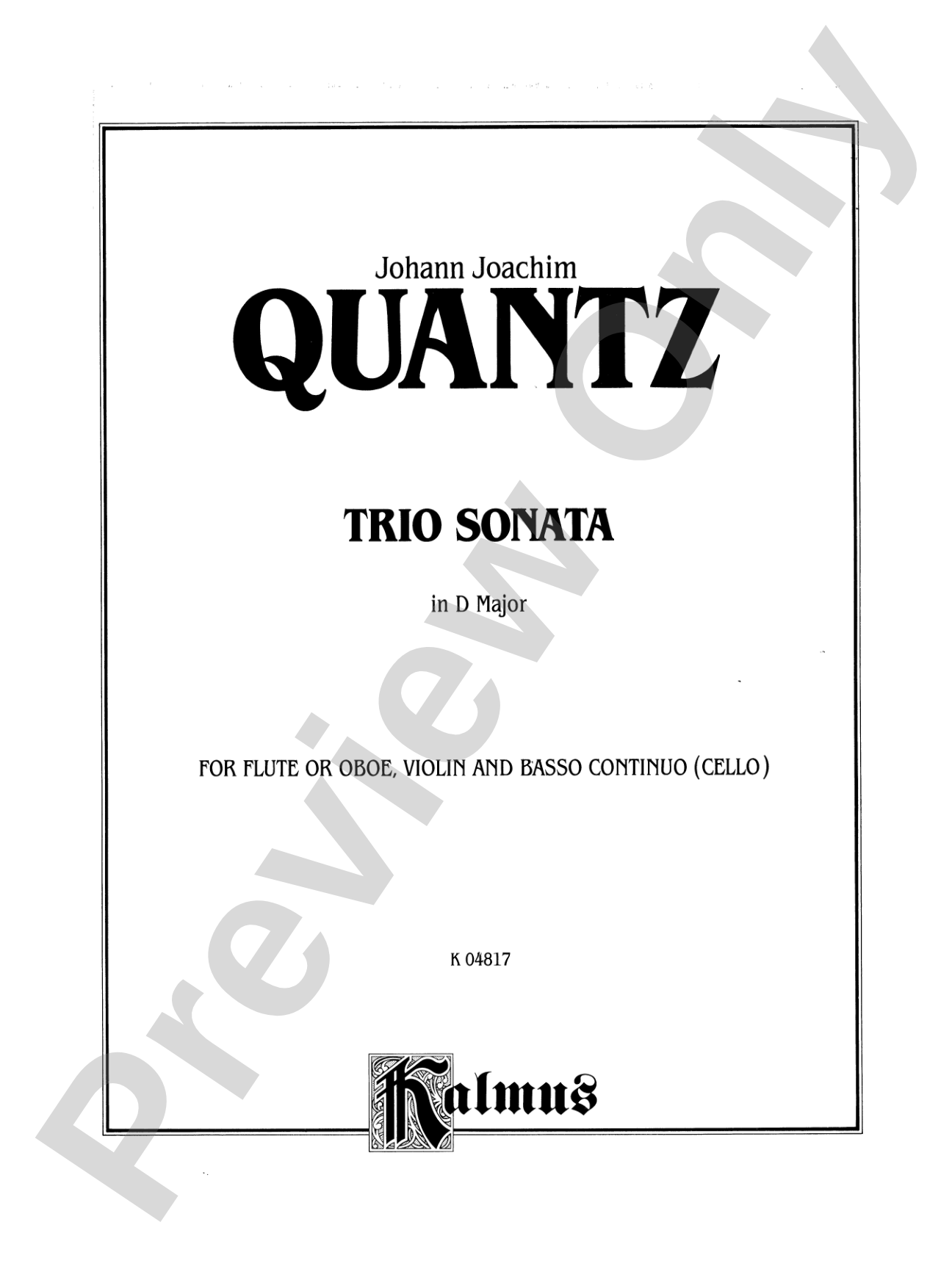 Quantz: Trio Sonata in D Major: Chamber Trio Score & Parts