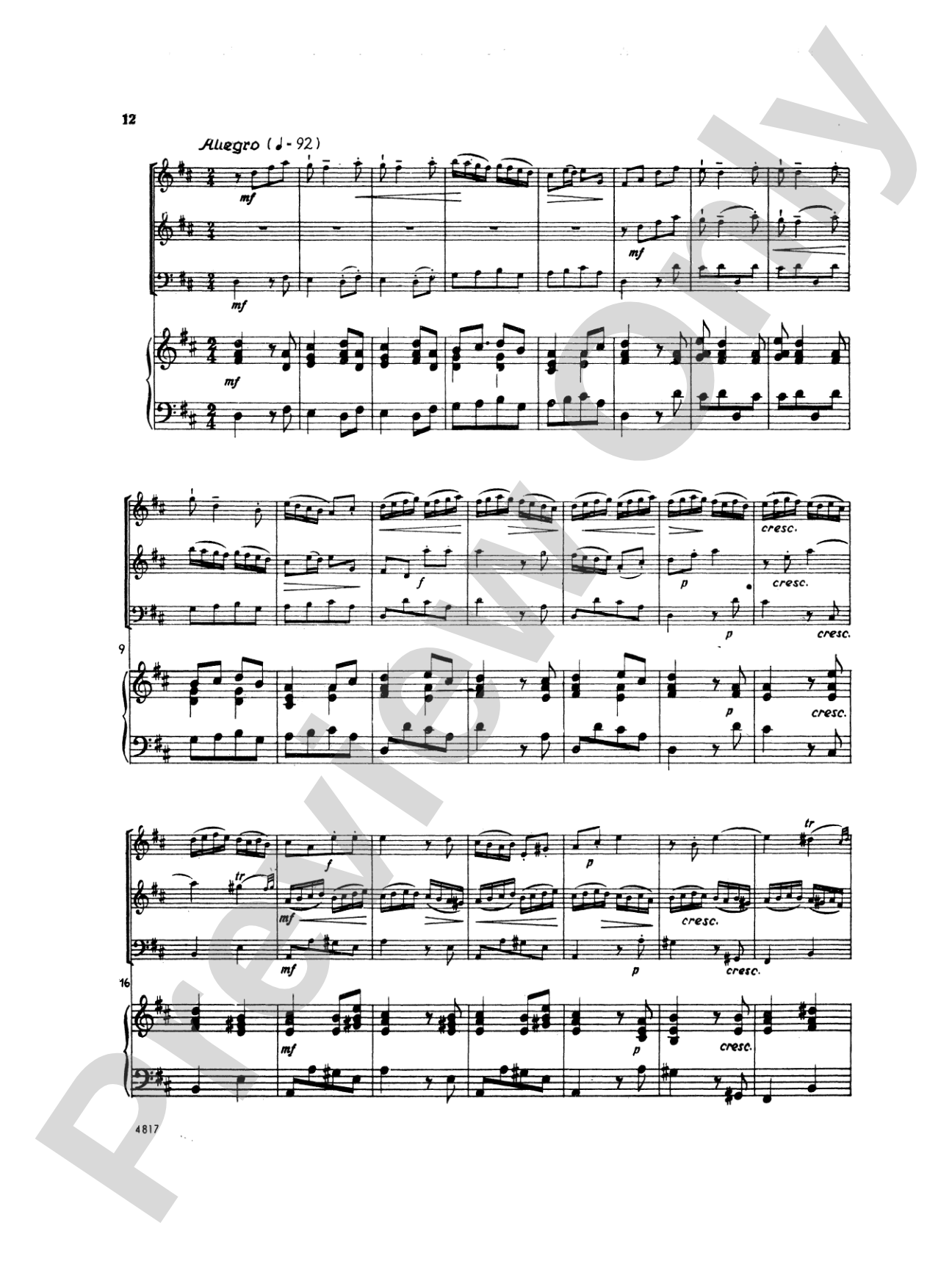 Quantz: Trio Sonata in D Major: Chamber Trio Score & Parts