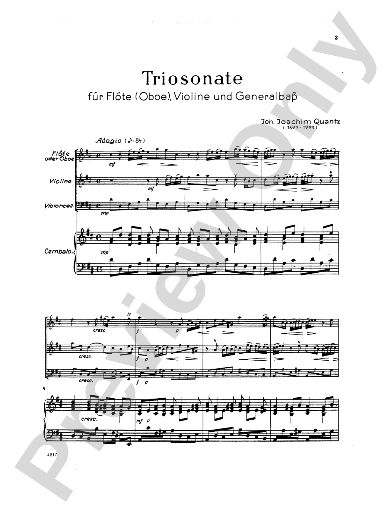 Quantz: Trio Sonata in D Major: Chamber Trio Score & Parts