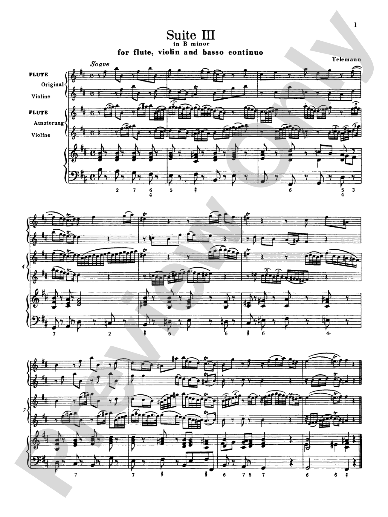 Telemann: Suite No. 3 in B Minor: Chamber Trio Score & Parts