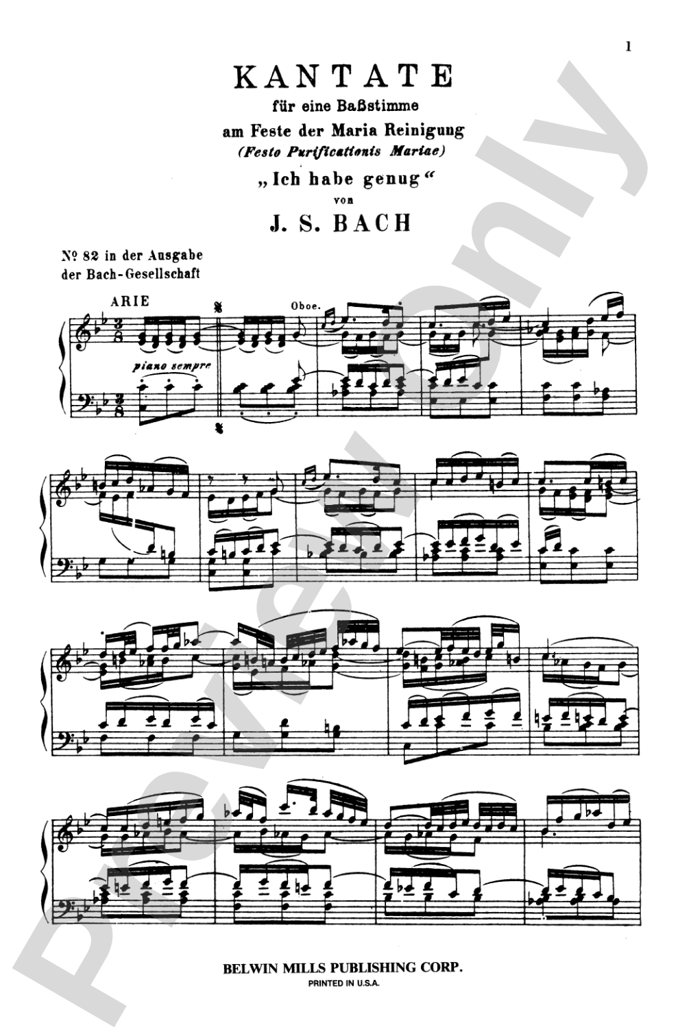 Bach: Bass Solo, Cantata No. 82, Ich Habe Genug (German/English): Bass Solo Voice Book