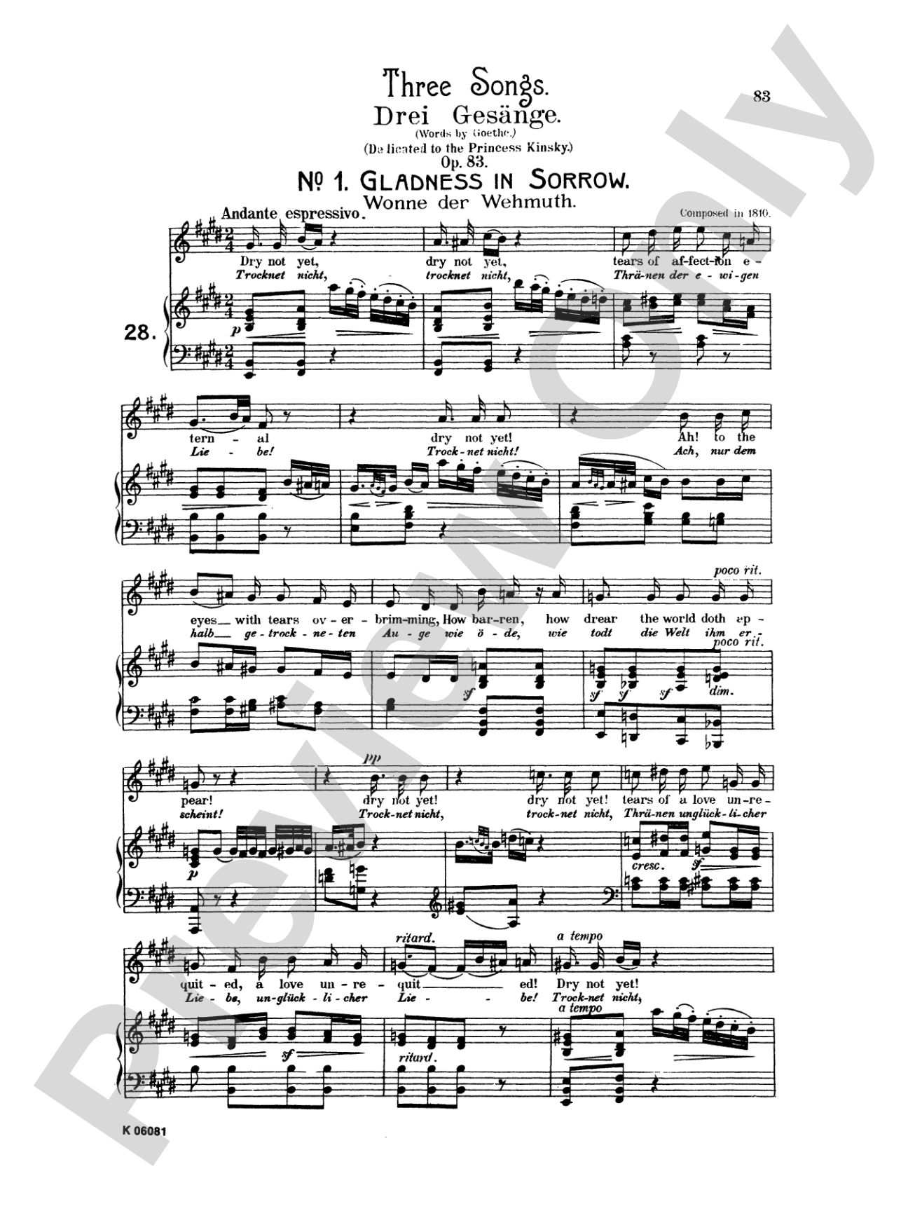 Beethoven: Songs (Complete)-- 66 songs, mostly for Medium Voice (German/English)