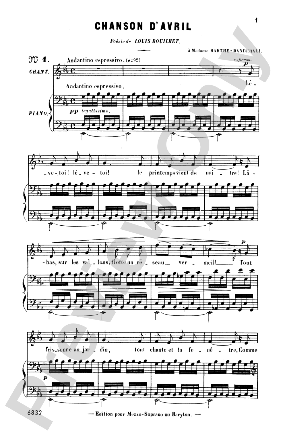 Bizet: Twenty Melodies-- Mezzo-Soprano or Baritone (French): Vocal Book