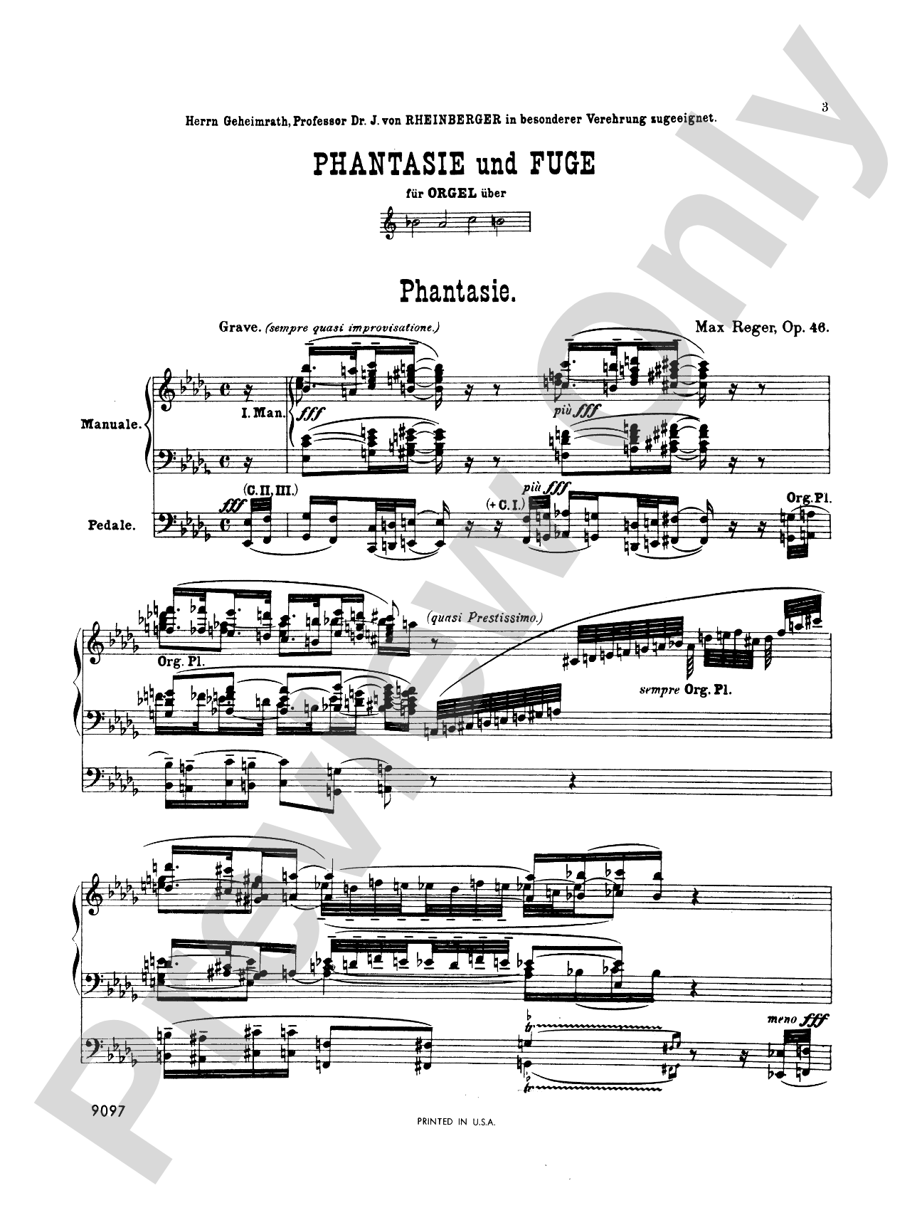 Reger: Fantasy and Fugue on the Name of Bach: Organ Sheet