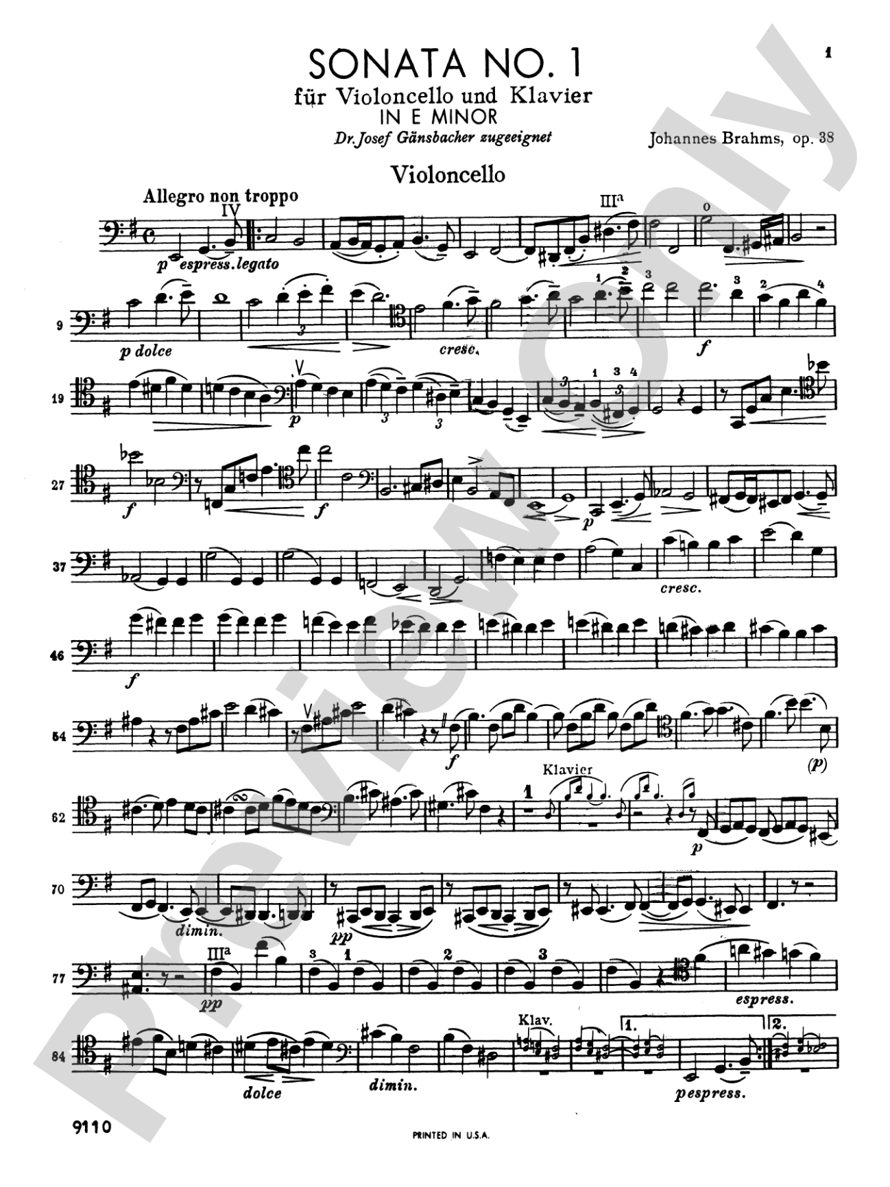 Brahms: Sonata No. 1 in E Minor, Op. 38: Cello Book