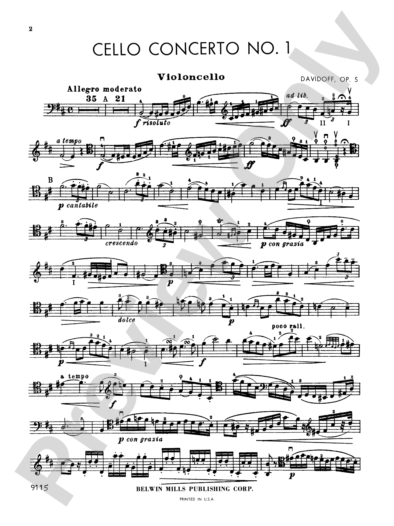 Davidoff: Cello Concerto No. 1: Cello Book