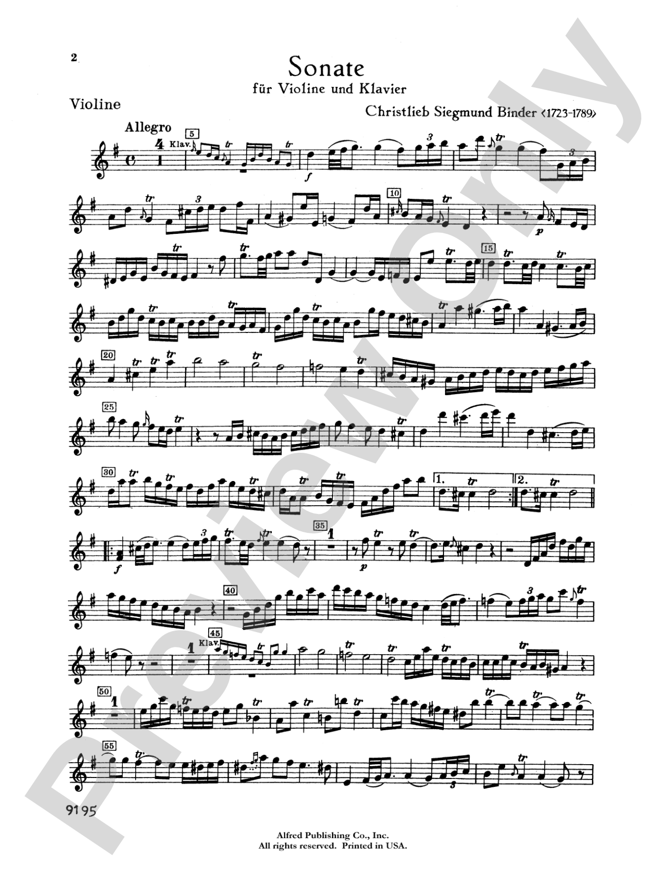 Binder: Sonata in G Major: Violin