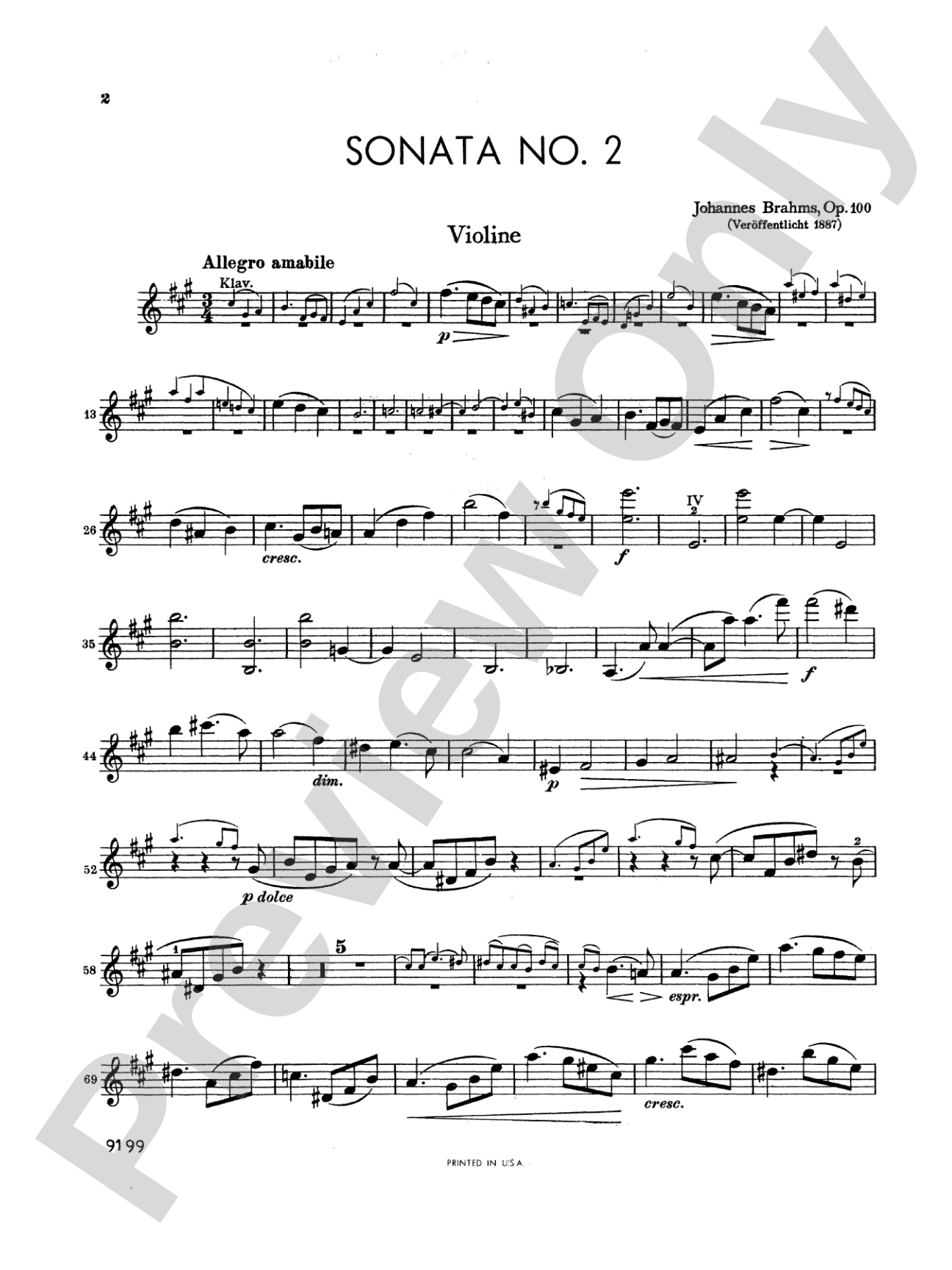 Brahms: Sonata in A Major, Op. 100: Violin Book