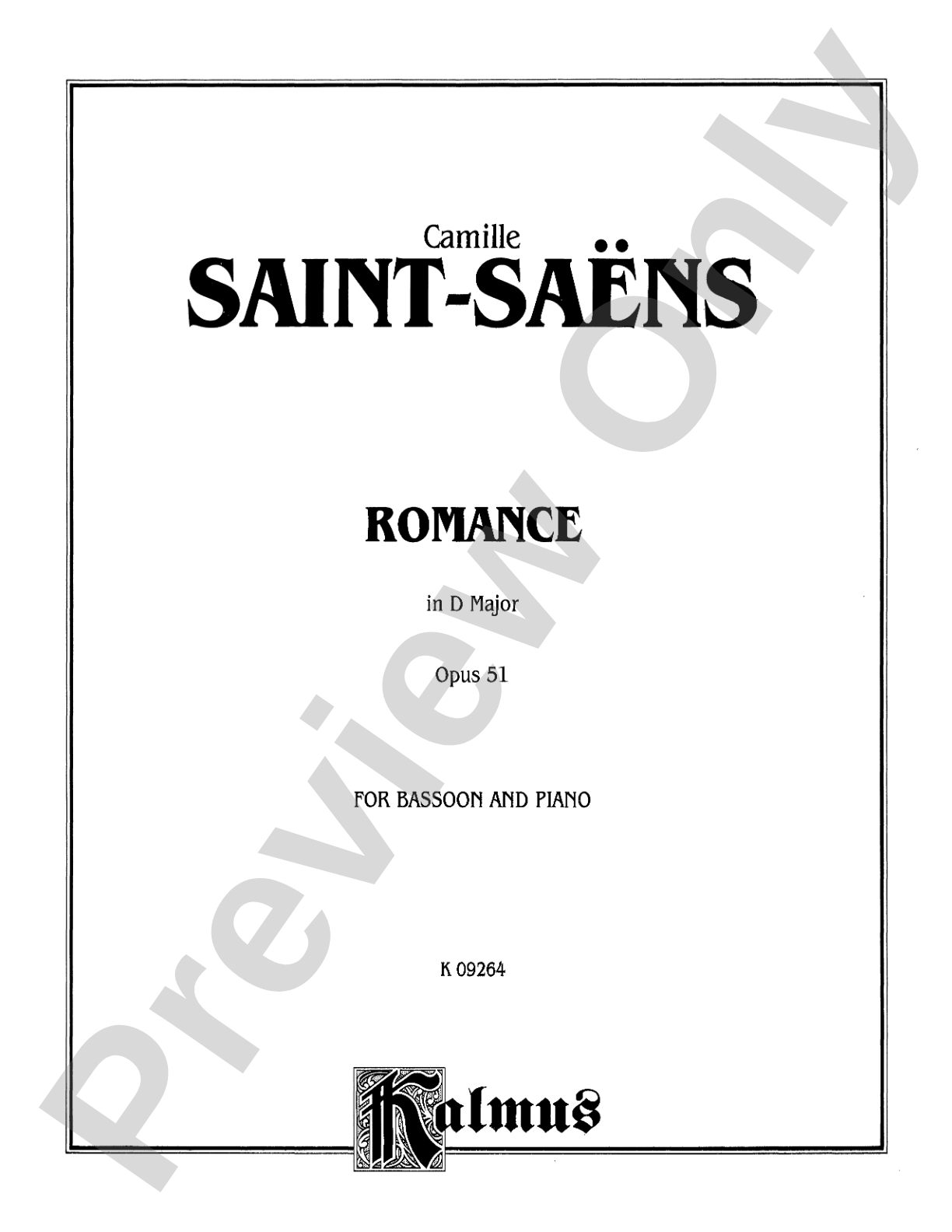 Saint-Saëns: Romance in D Major, Op. 51: Bassoon & Piano Part(s)