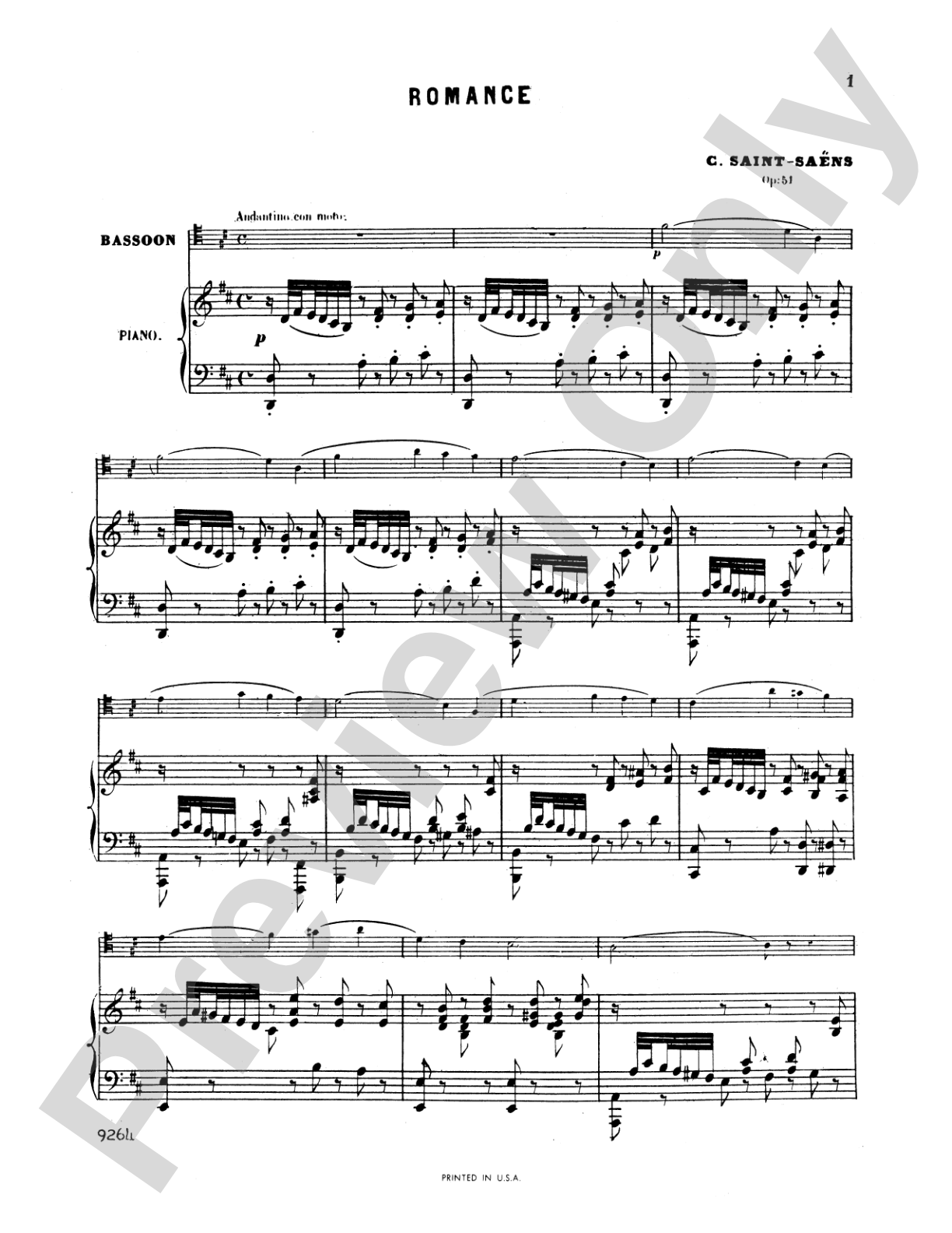 Saint-Saëns: Romance in D Major, Op. 51: Bassoon & Piano Part(s)