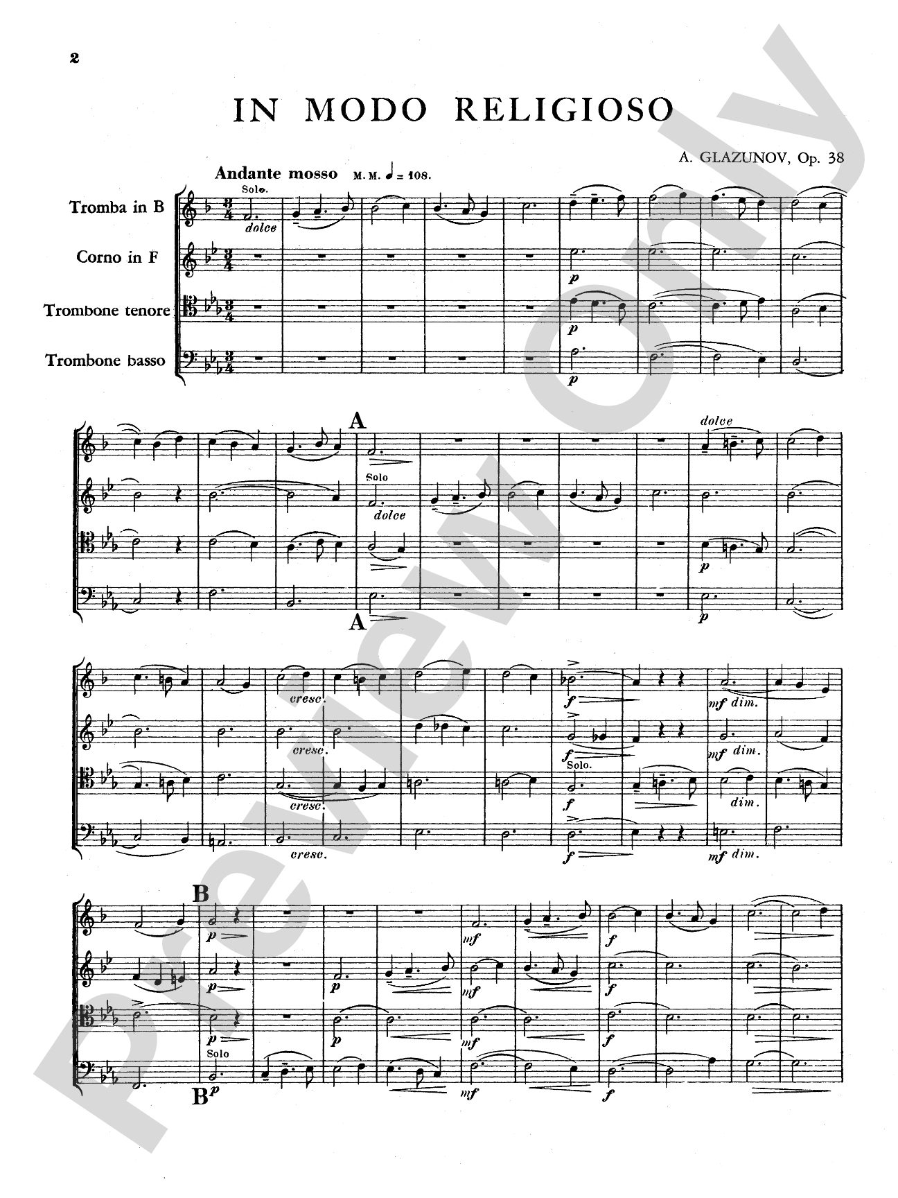 Glazunov: In Modo Religioso, Op. 38: Brass Quartet Book