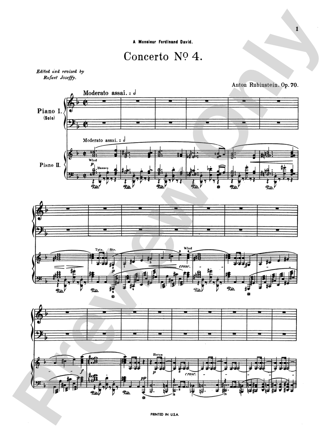 Rubinstein: Piano Concerto No. 4, Op. 70: Piano Duo (2 Pianos, 4 Hands) Book (2 copies required)