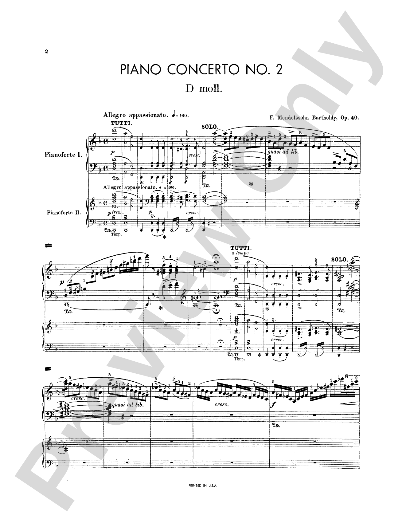 Mendelssohn: Piano Concerto No. 2 in D Minor, Op. 40: Piano Duo (2 Pianos, 4 Hands) Book (2 copies required)