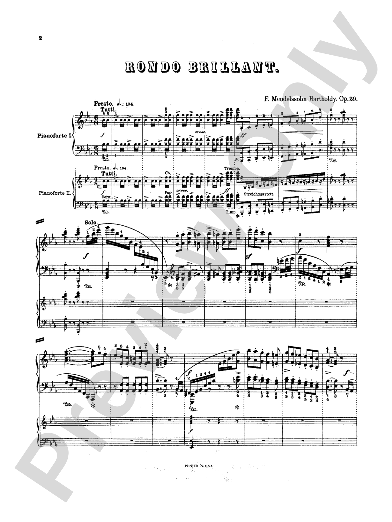 Mendelssohn: Rondo Brillante: Piano Duo (2 Pianos, 4 Hands) Book (2 copies required)