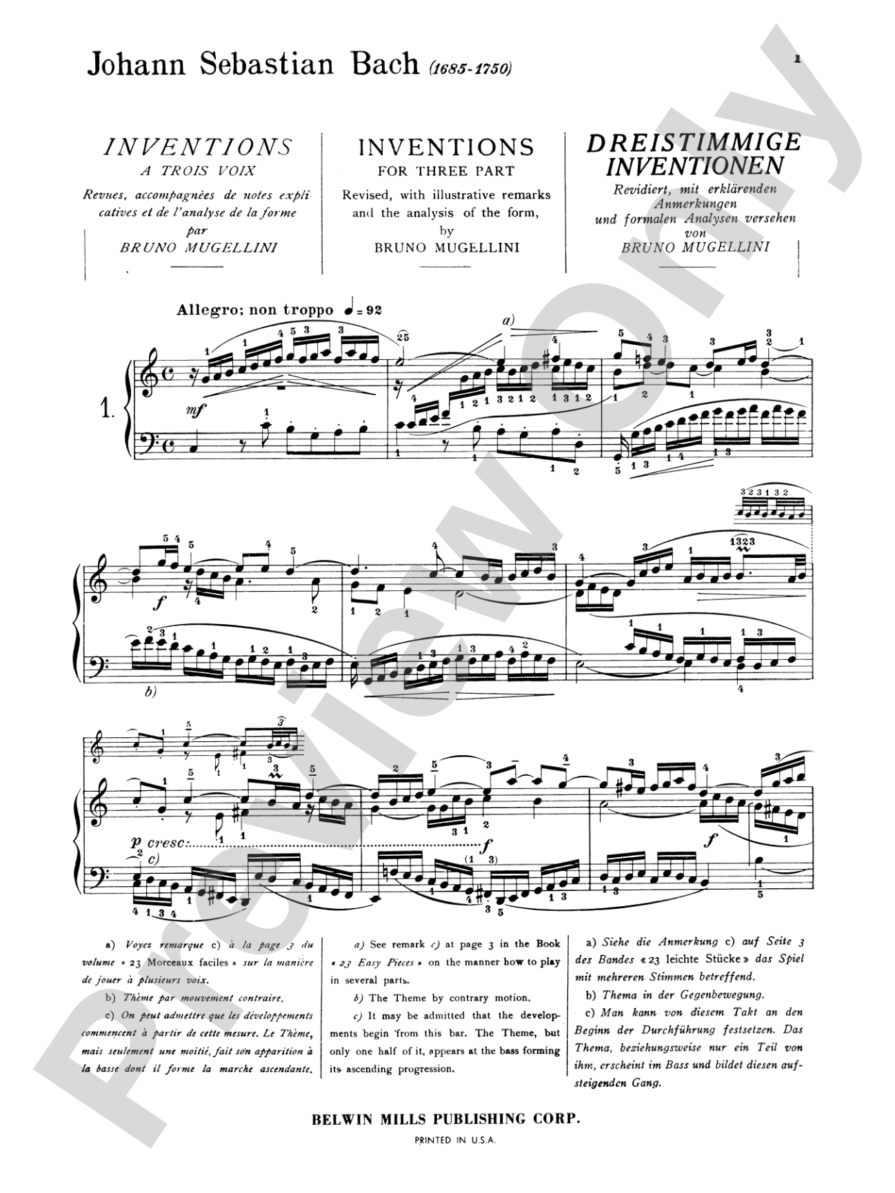 Bach: Three-Part Inventions (Ed. Mugellini): Piano Book
