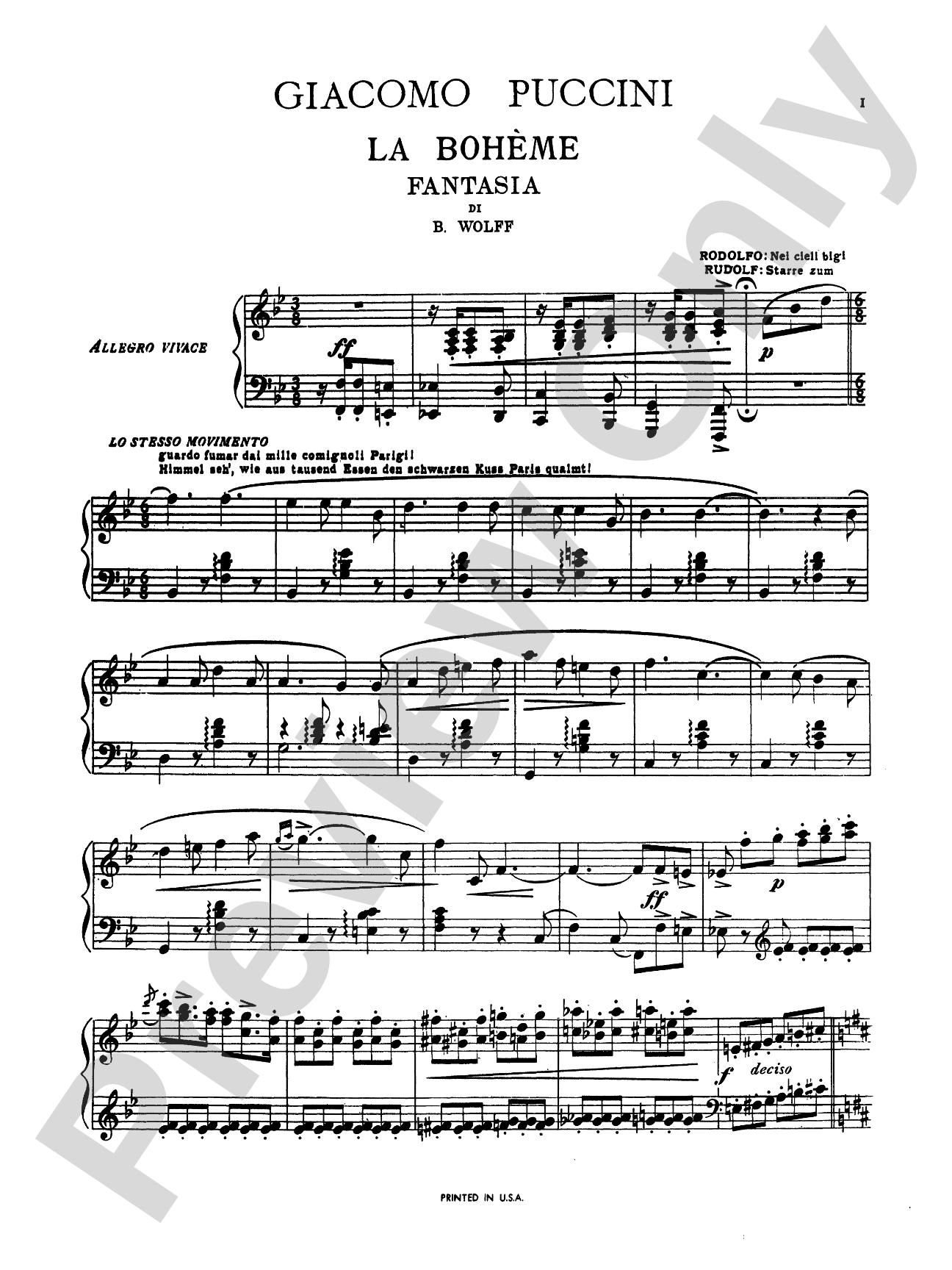 Puccini: La Boheme Fantasy (Transcr. Bernhard Wolff): Piano