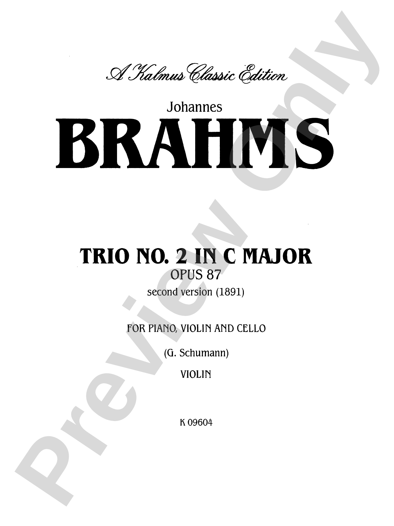 Brahms: Trio No. 2 in C Major, Op. 87: Chamber Trio Book