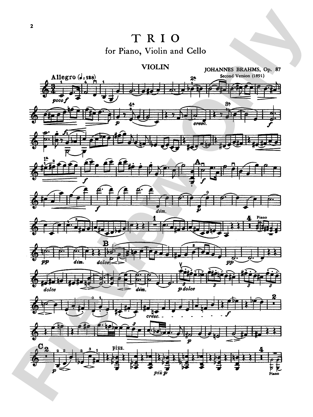 Brahms: Trio No. 2 in C Major, Op. 87: Chamber Trio Book