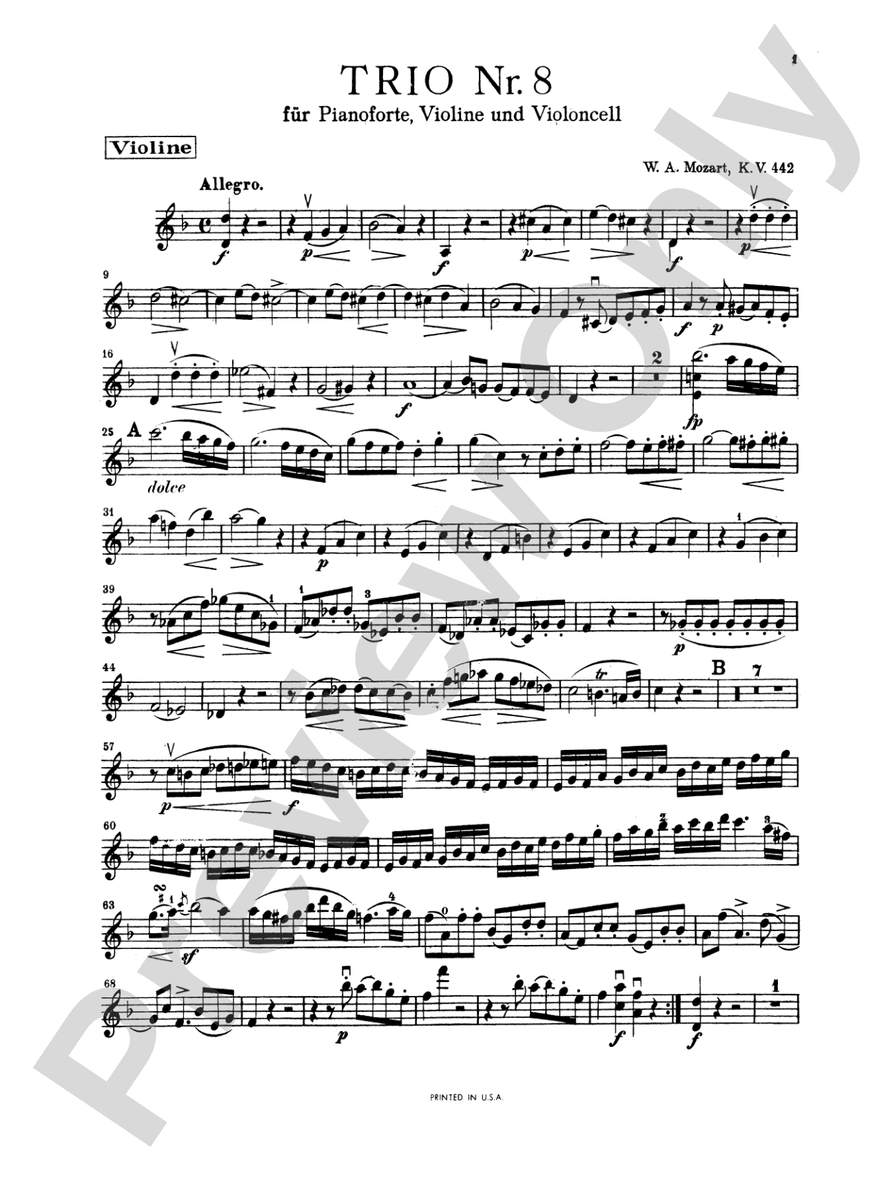 Mozart: Trio No. 8 in D Minor, K. 442: Chamber Trio Book