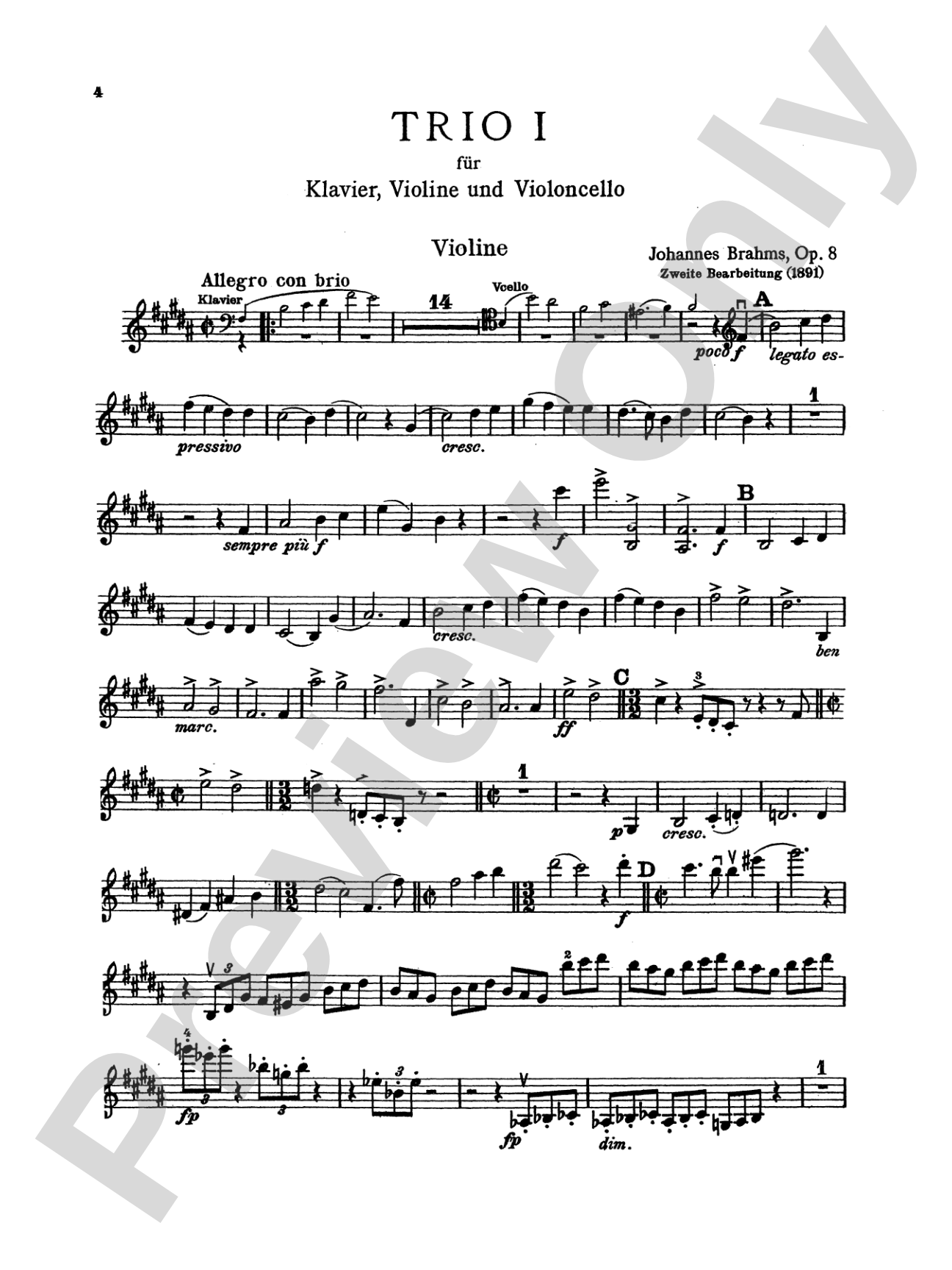 Brahms: Trio No. 1 in B Major, Op. 8: Chamber Trio Book
