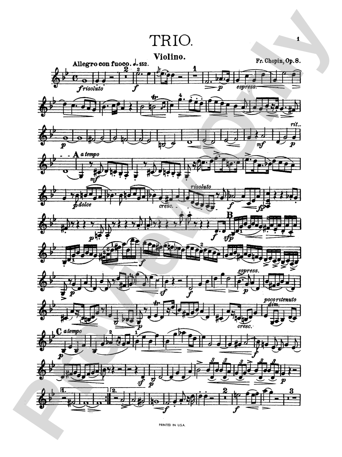 Chopin: Trio in G Minor, Op. 8: Chamber Trio Book