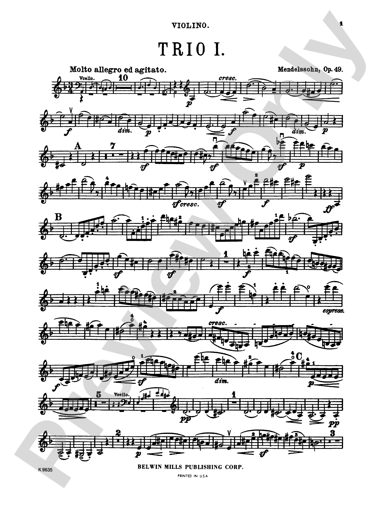Mendelssohn: Trio No. 1 in D Minor, Op. 49: Chamber Trio Book