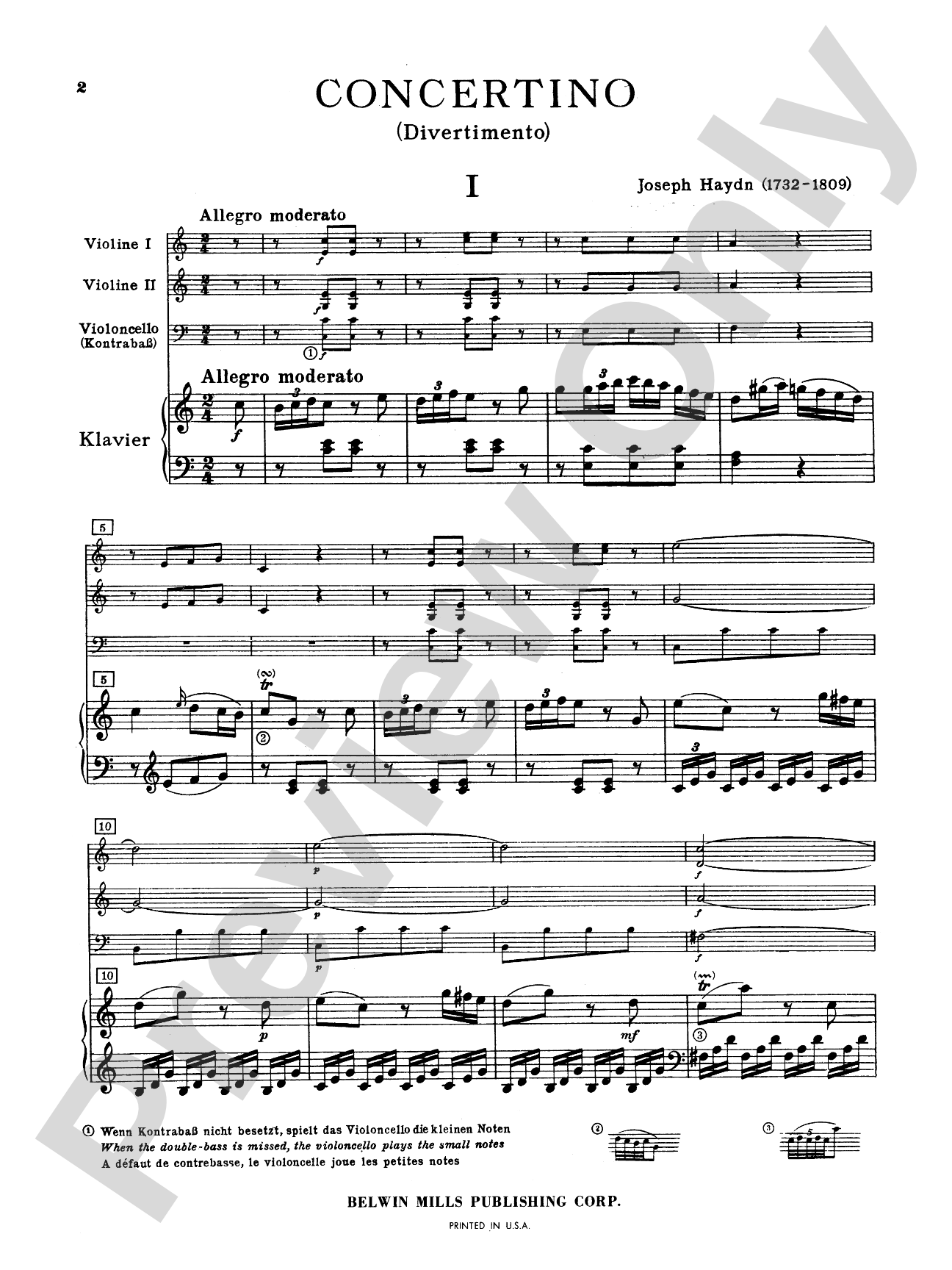 Haydn: Concertino in C Major: Chamber Quartet Book