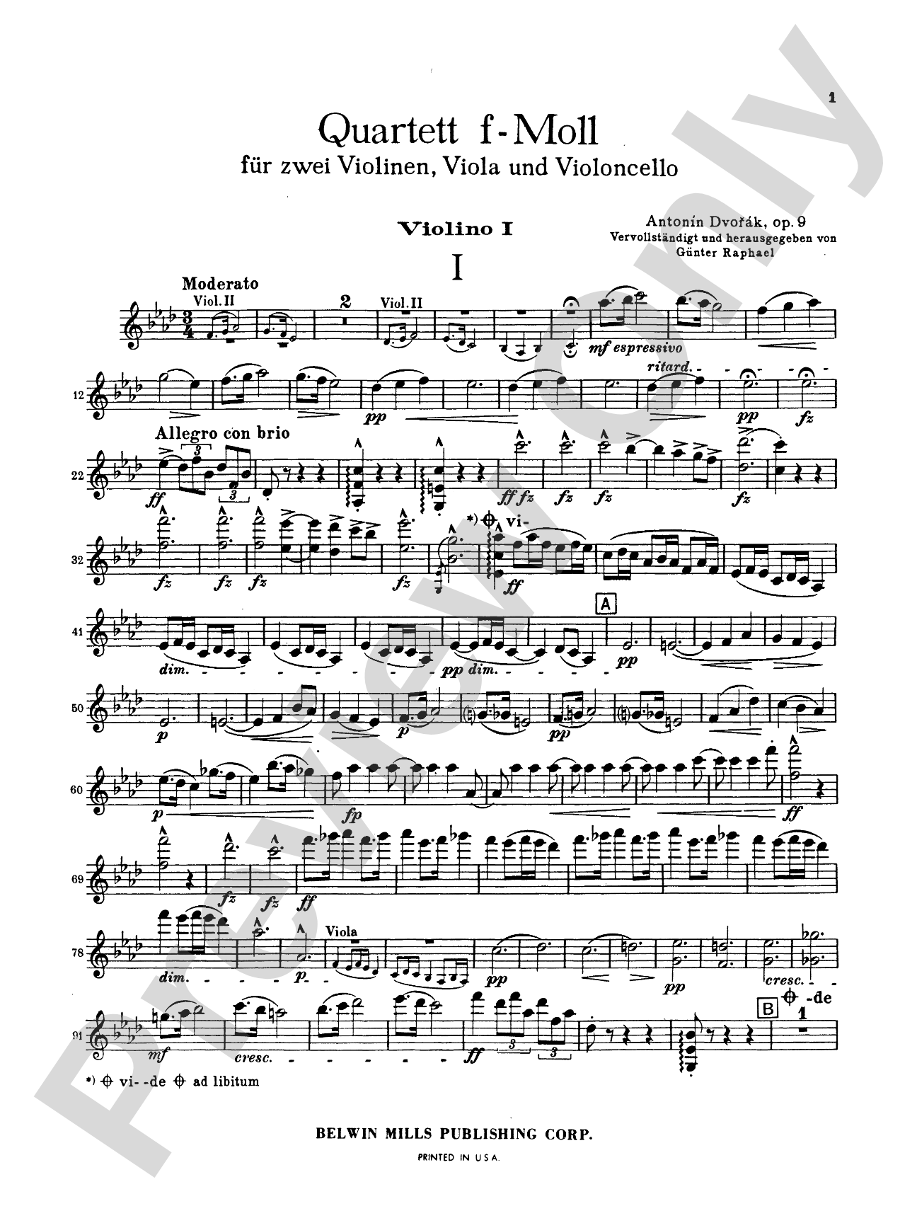 Dvorák: Quartet in F Minor, Op. 9: String Quartet Book
