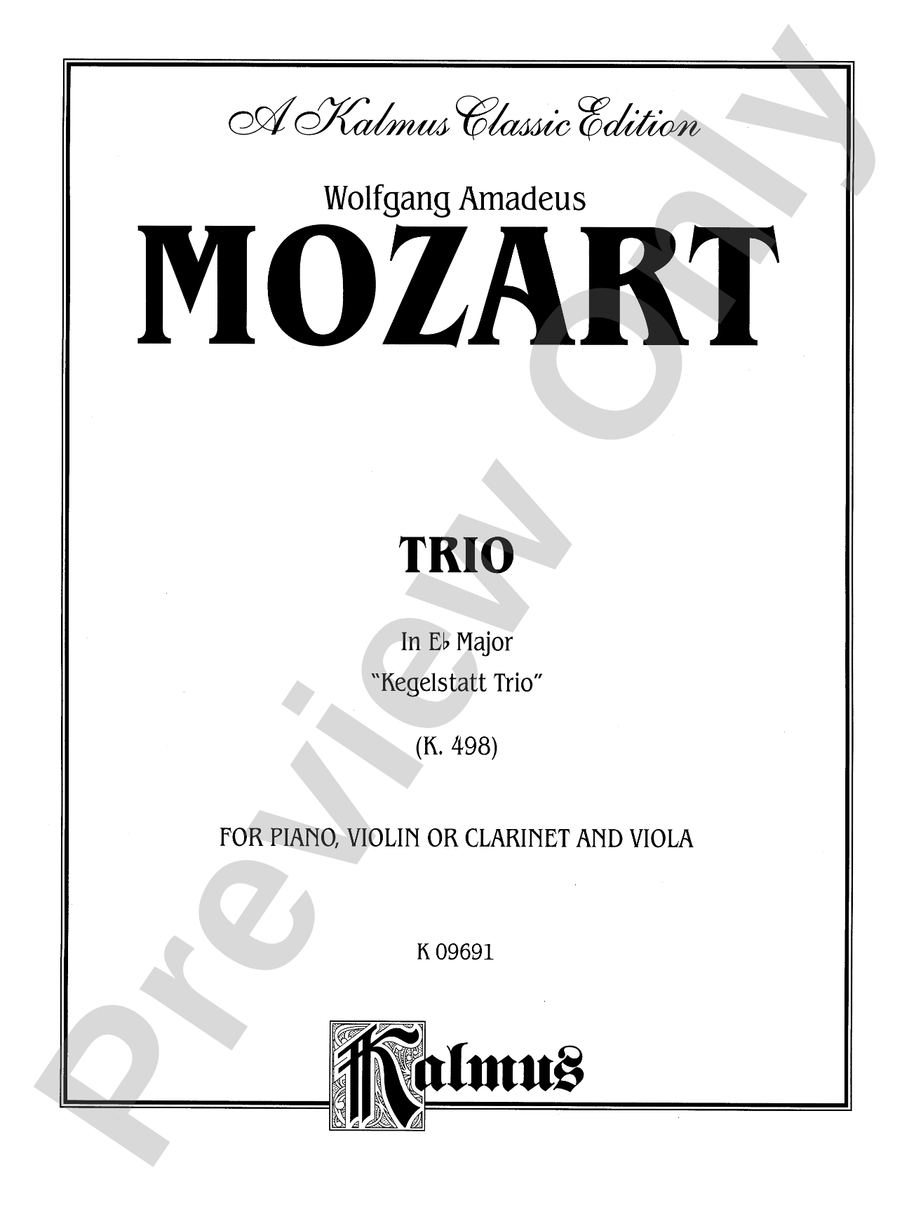 Mozart: Trio in E flat Major, "Kegelstatt Trio" (K. 498): Chamber Trio Score & Parts