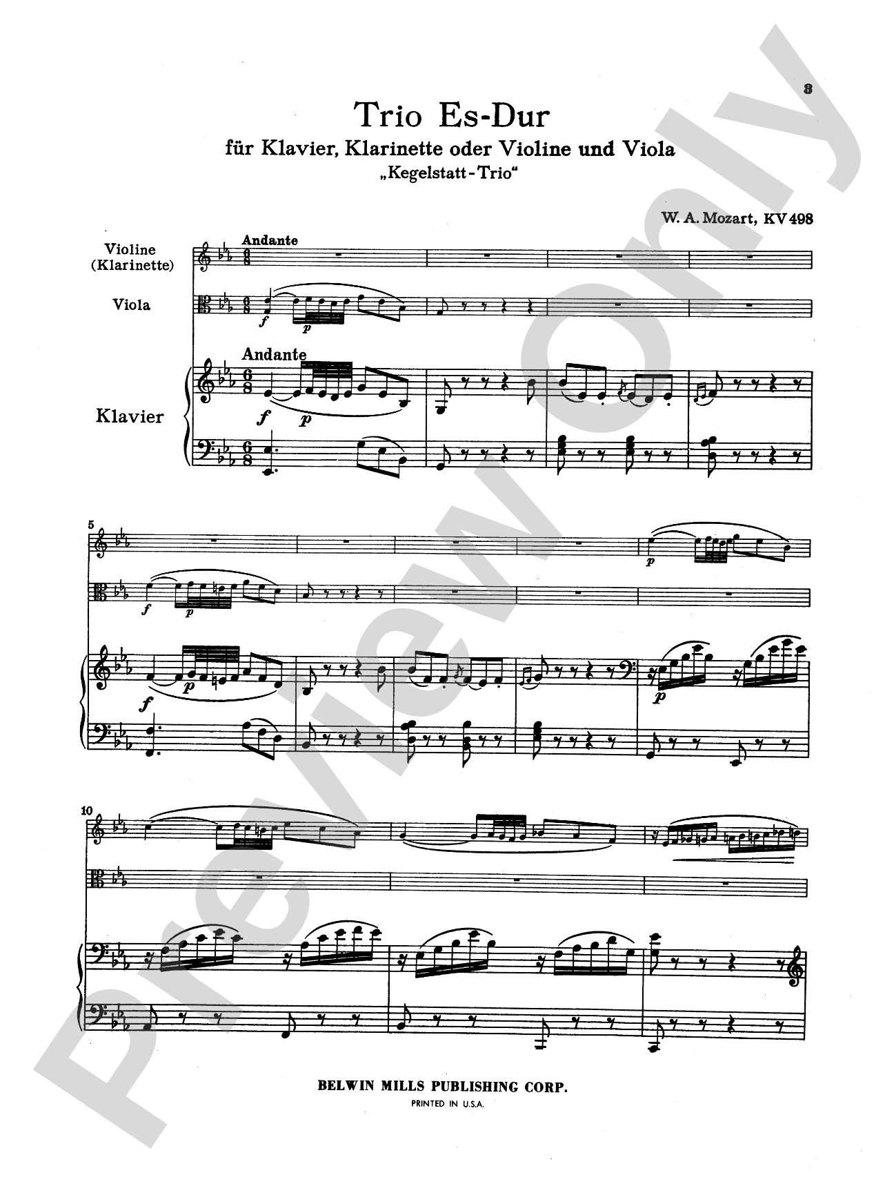 Mozart: Trio in E flat Major, "Kegelstatt Trio" (K. 498): Chamber Trio Score & Parts