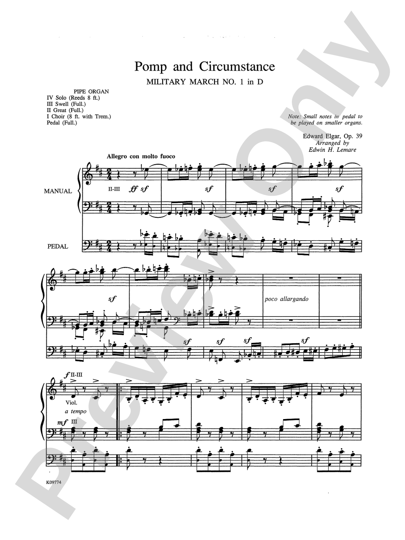 Elgar: Pomp and Circumstance No. 1 in D, Op. 39 (Arr. Edwin Henry Lemare): Organ Sheet