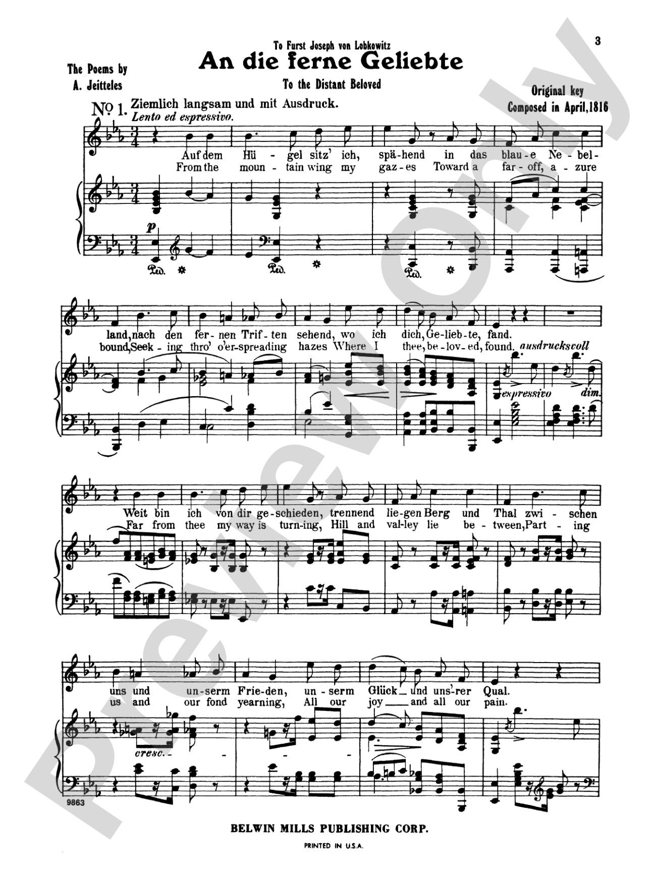 Beethoven: An Die Ferne Geliebte (To the Distant Beloved), Op. 98 (High voice, German/English): High Voice Book